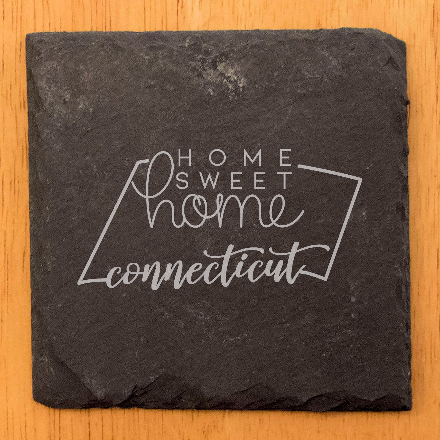 Rustic Slate Coasters Set of 4, Round 4" with Connecticut 'Home Sweet Home' Design, Perfect Gift for Holidays, Birthdays, Housewarming, She-Shed, Man Cave, Made in Oregon, USA, Natural Edge