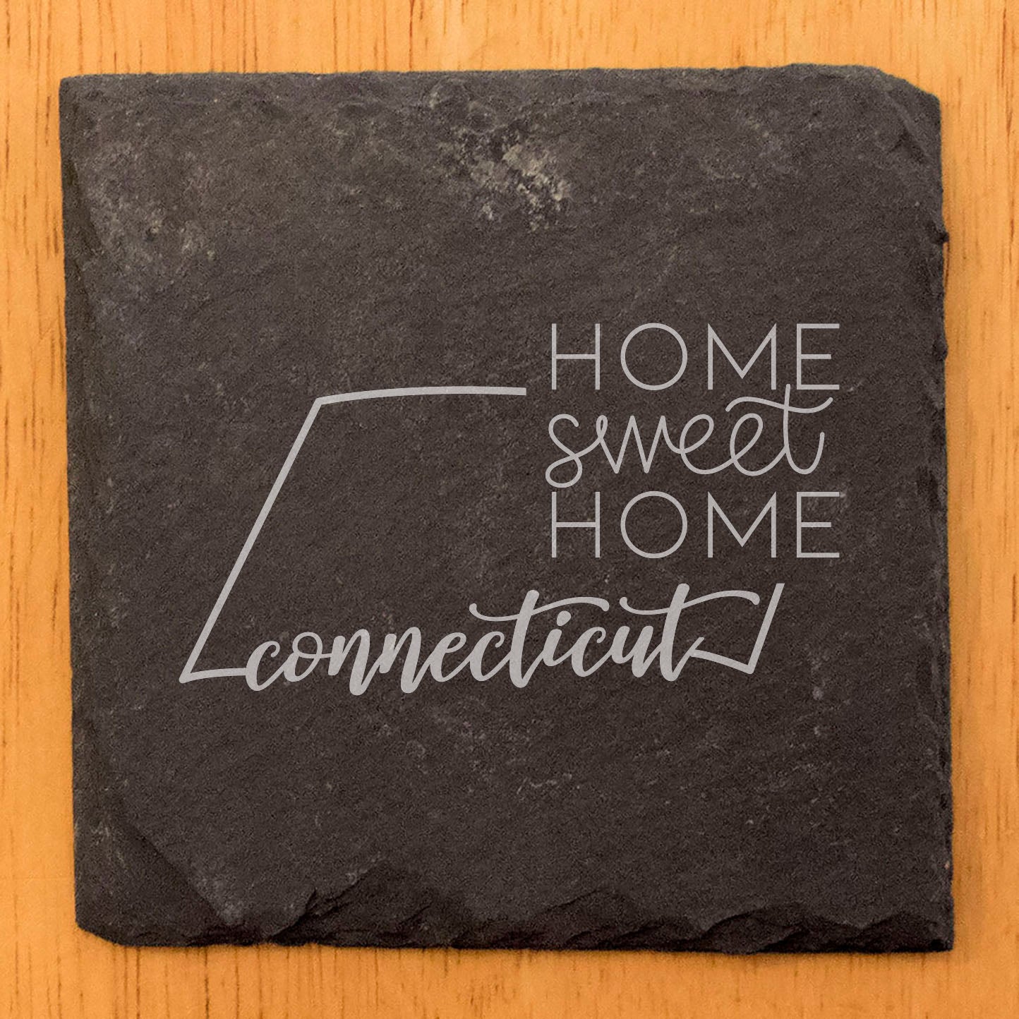 Rustic Slate Coasters Set of 4, Round 4" with Connecticut 'Home Sweet Home' Design, Perfect for Holidays, Birthdays, Housewarming Gifts, Made in Oregon, USA, Natural Chipped Edge, Rubber Feet