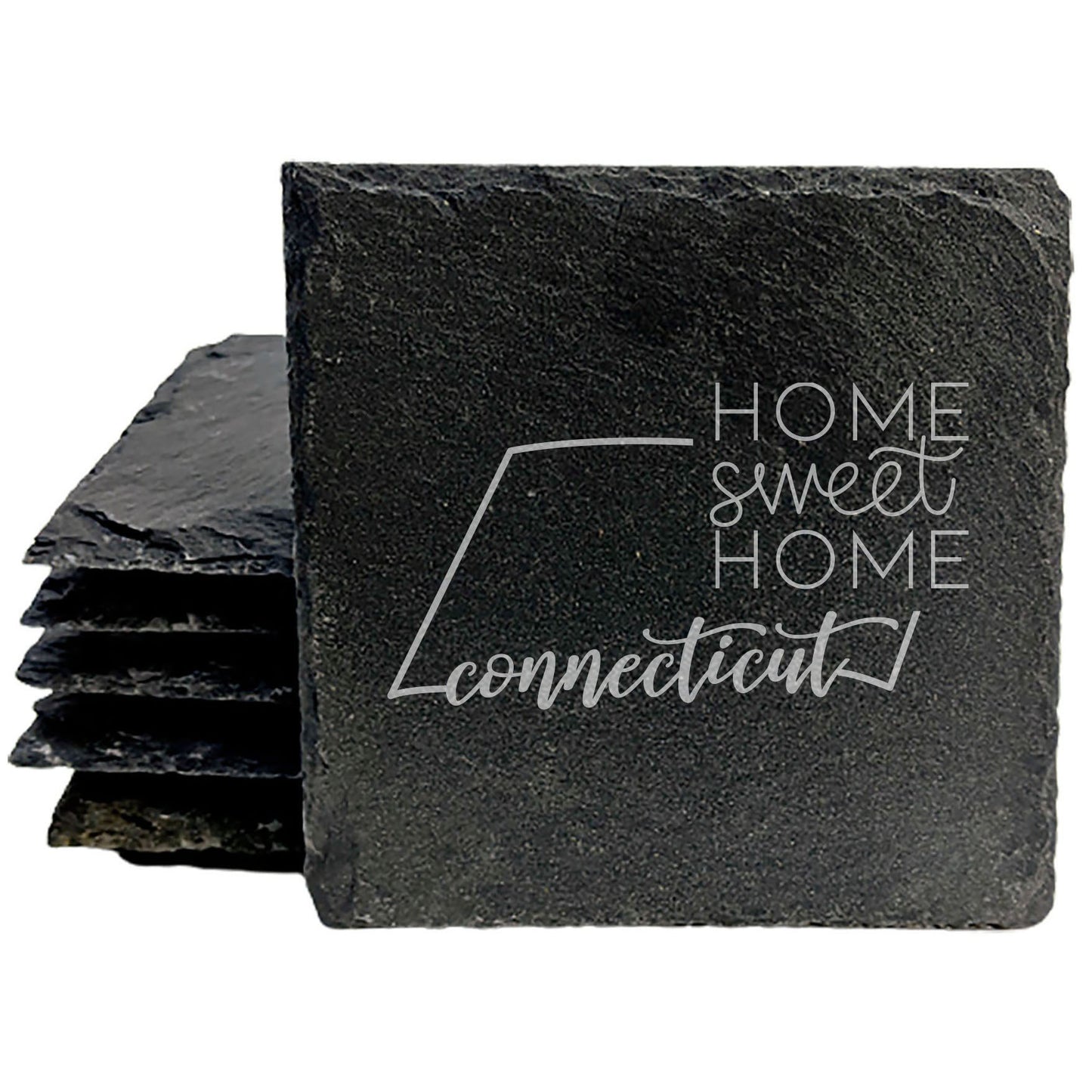 Rustic Slate Coasters Set of 4, Round 4" with Connecticut 'Home Sweet Home' Design, Perfect for Holidays, Birthdays, Housewarming Gifts, Made in Oregon, USA, Natural Chipped Edge, Rubber Feet