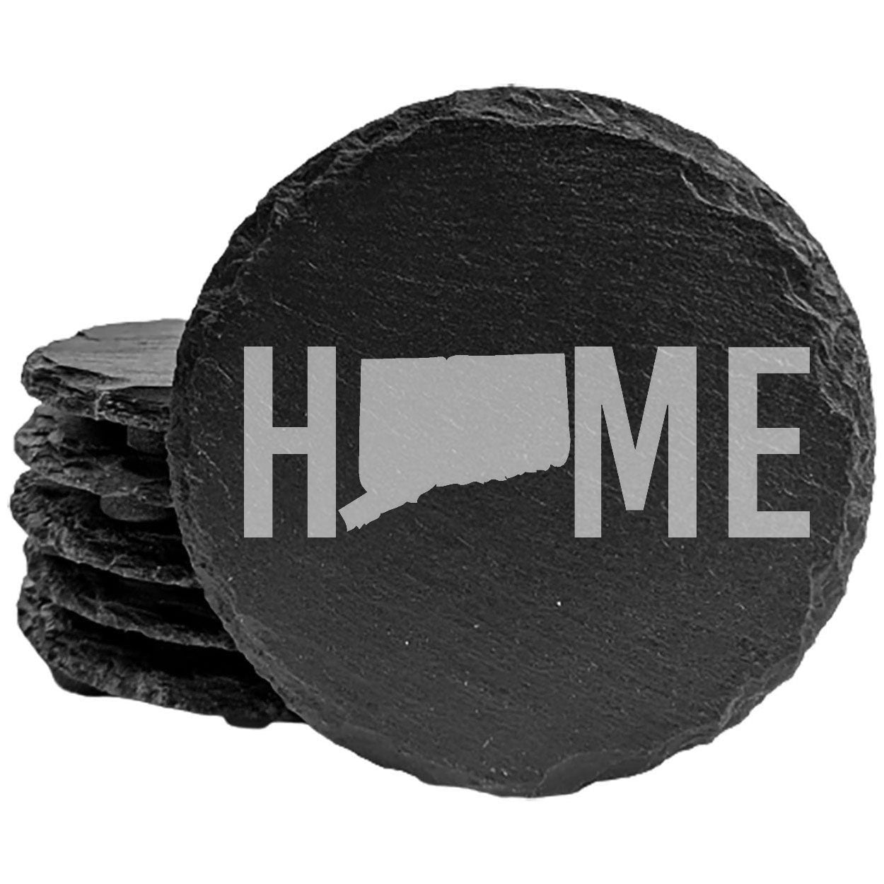 Rustic Slate Coasters Set of 4 - Laser Etched 'HOME' Design with Connecticut State - Perfect Gift for Holidays, Birthdays, Housewarming - 4" Round, Natural Chipped Edge, Made in Oregon, USA