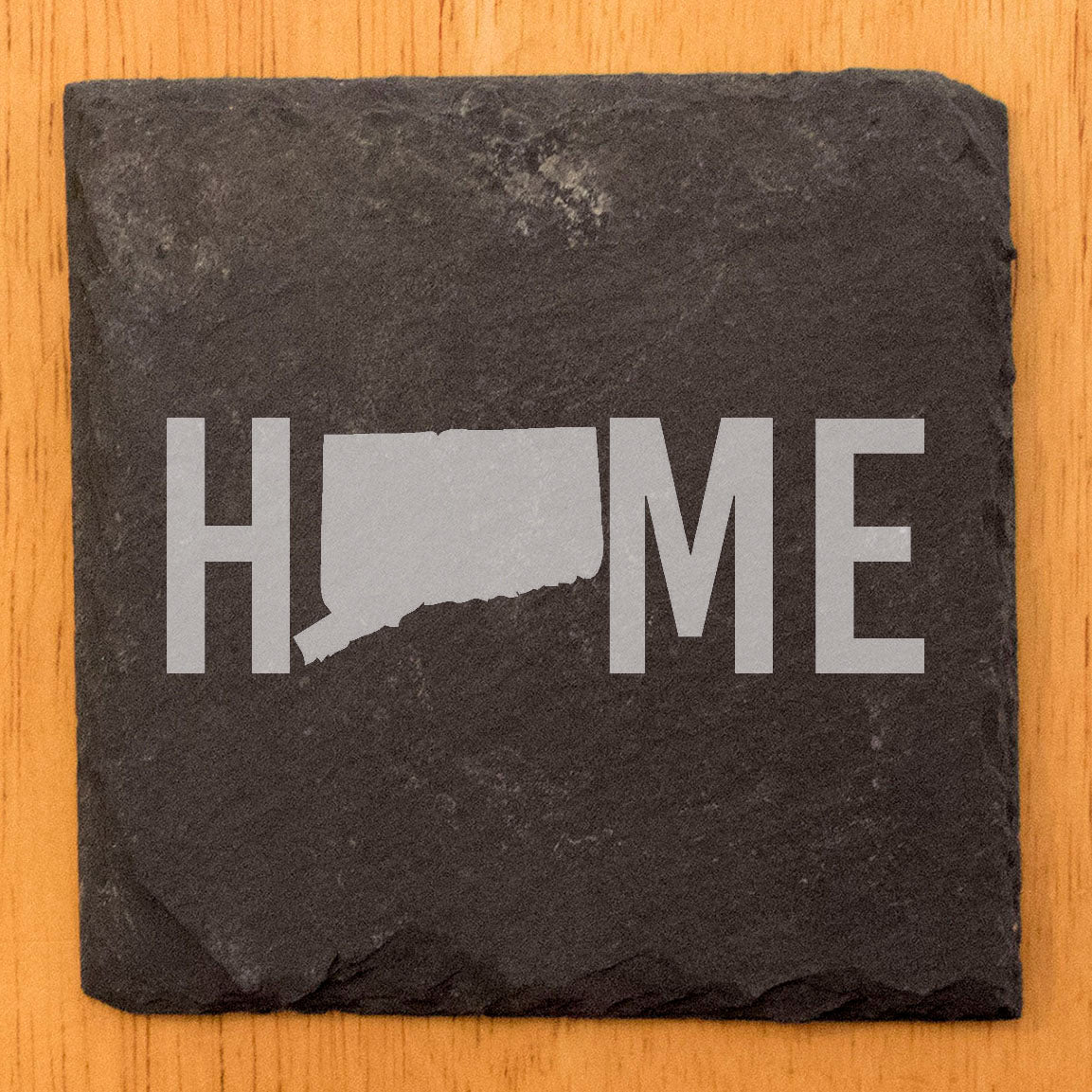Rustic Slate Coasters Set of 4 - Laser Etched 'HOME' Design with Connecticut State - Perfect Gift for Holidays, Birthdays, Housewarming - 4" Round, Natural Chipped Edge, Made in Oregon, USA