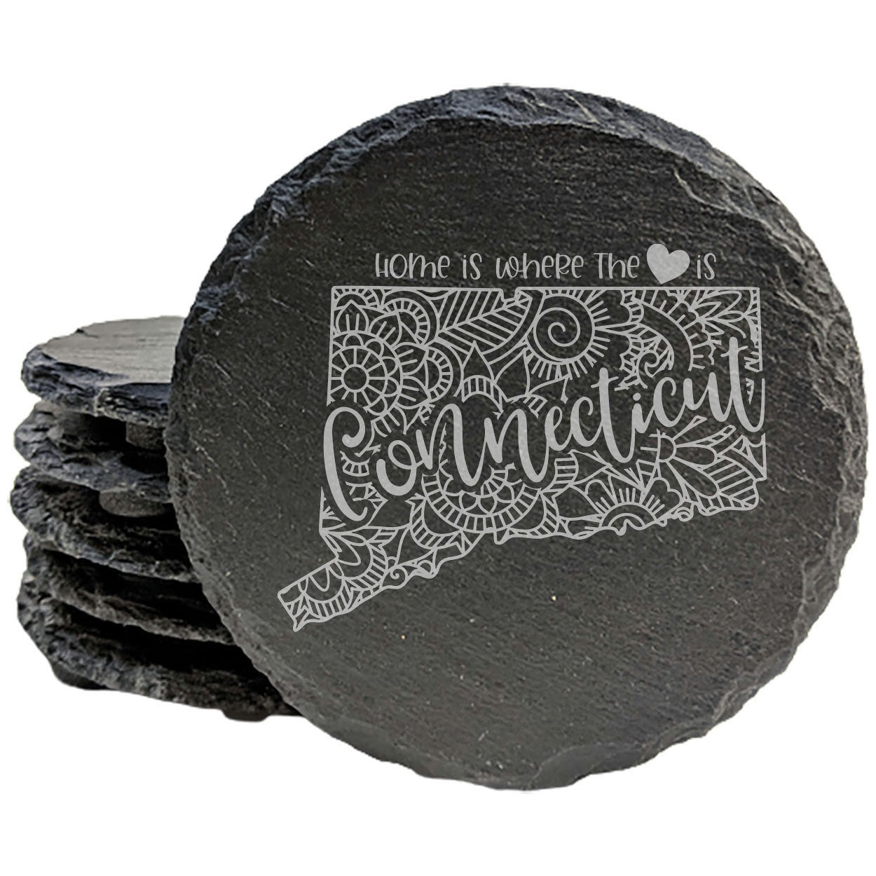 Rustic Slate Coasters Set of 4, Round 4" with Connecticut Mandala Design, 'Home is Where the Heart Is' Quote, Perfect Gift for Holidays, Birthdays, Housewarming, Made in Oregon, USA