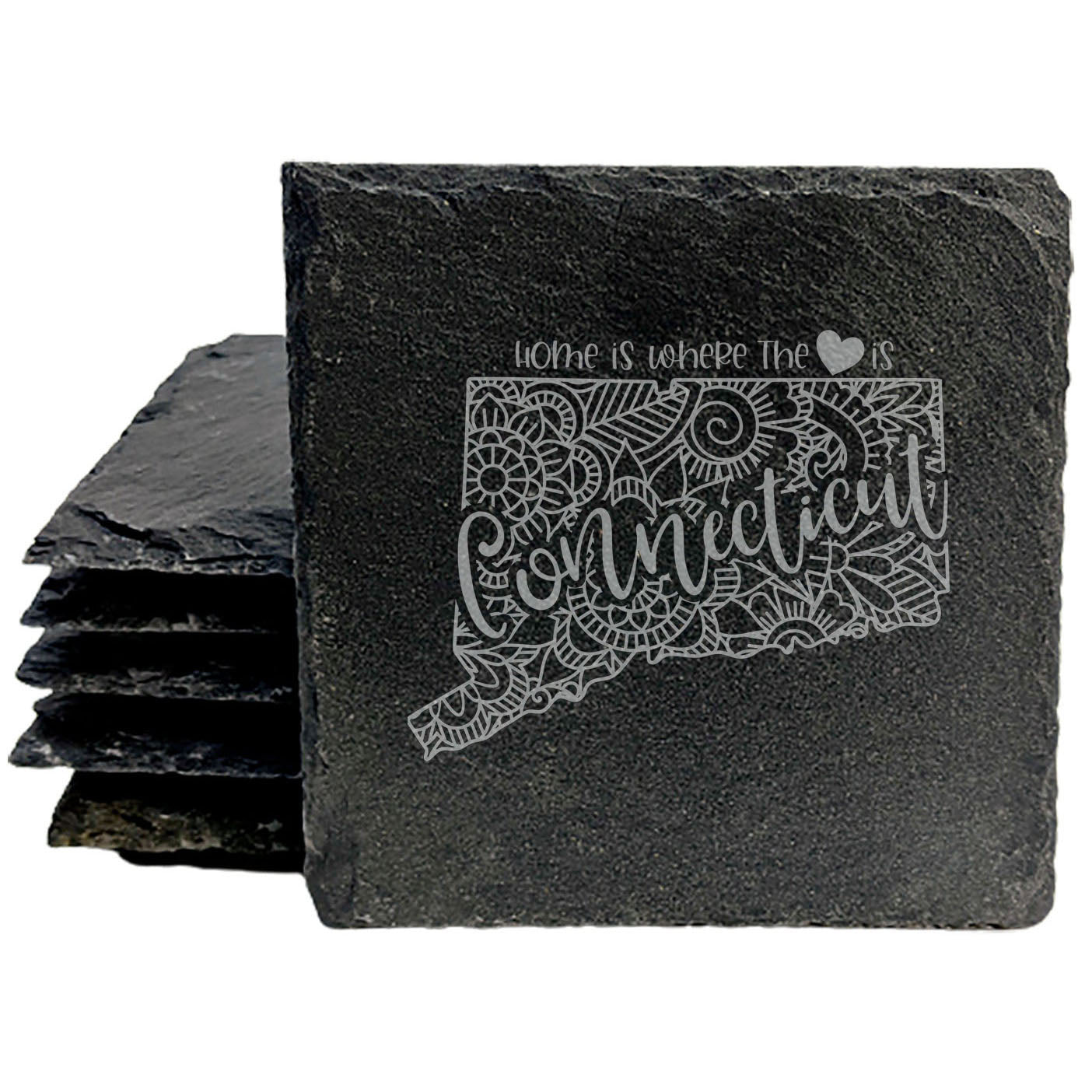 Rustic Slate Coasters Set of 4, Round 4" with Connecticut Mandala Design, 'Home is Where the Heart Is' Quote, Perfect Gift for Holidays, Birthdays, Housewarming, Made in Oregon, USA