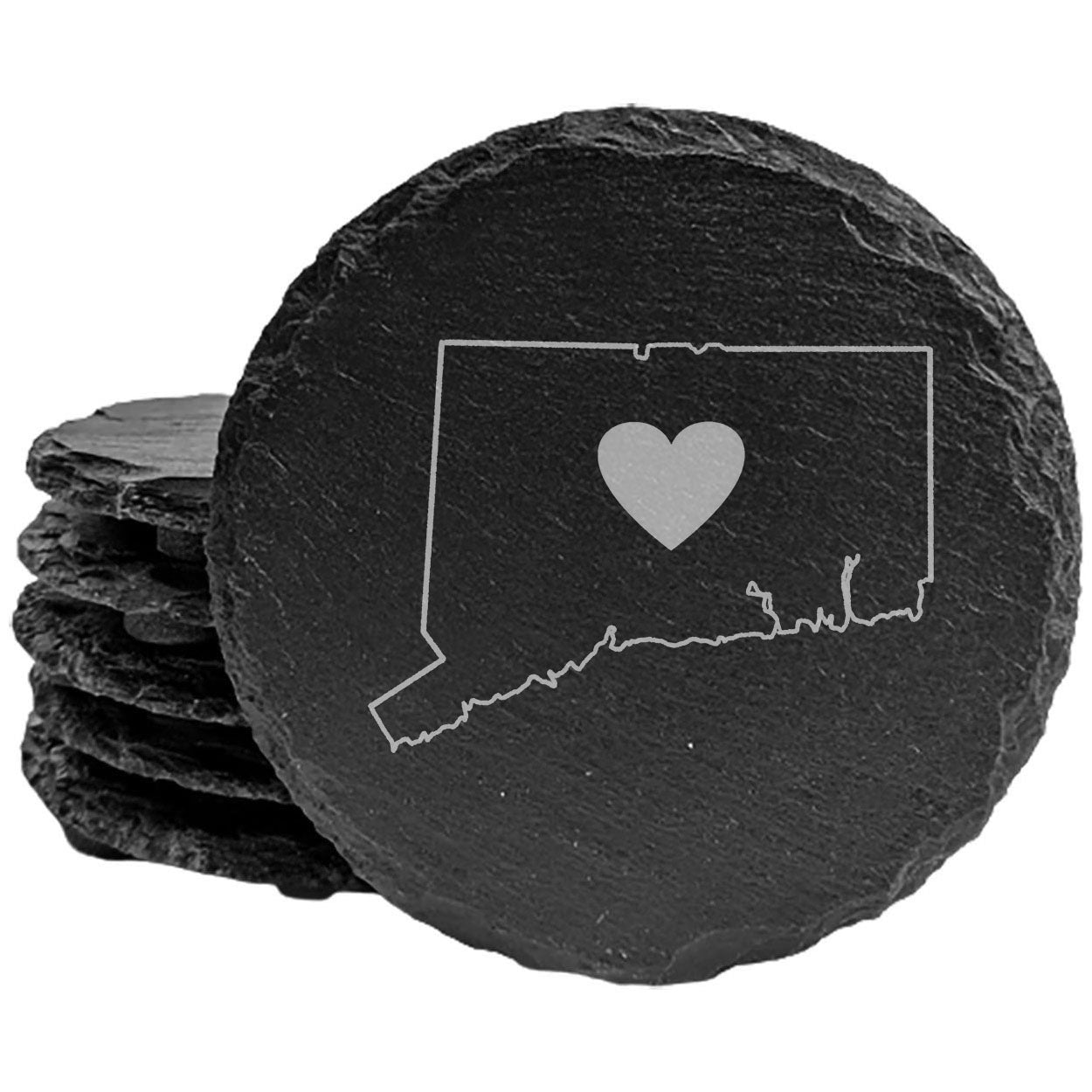 Rustic Slate Coasters Set of 4, Round 4" with Connecticut Heart Design, Laser Etched, Perfect for Holidays, Birthdays, Housewarming, She-Shed, Man Cave, Made in Oregon, USA,