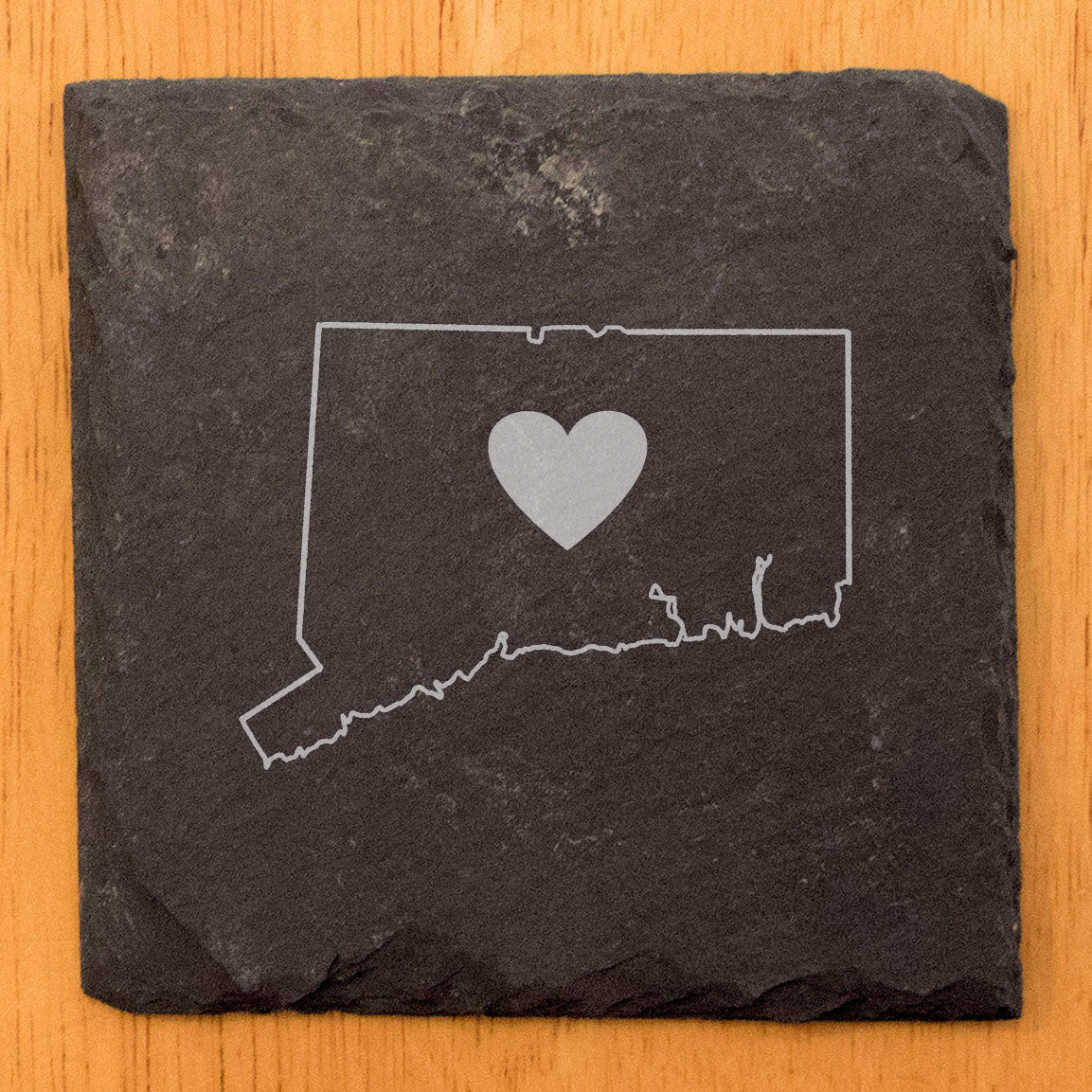 Rustic Slate Coasters Set of 4, Round 4" with Connecticut Heart Design, Laser Etched, Perfect for Holidays, Birthdays, Housewarming, She-Shed, Man Cave, Made in Oregon, USA,