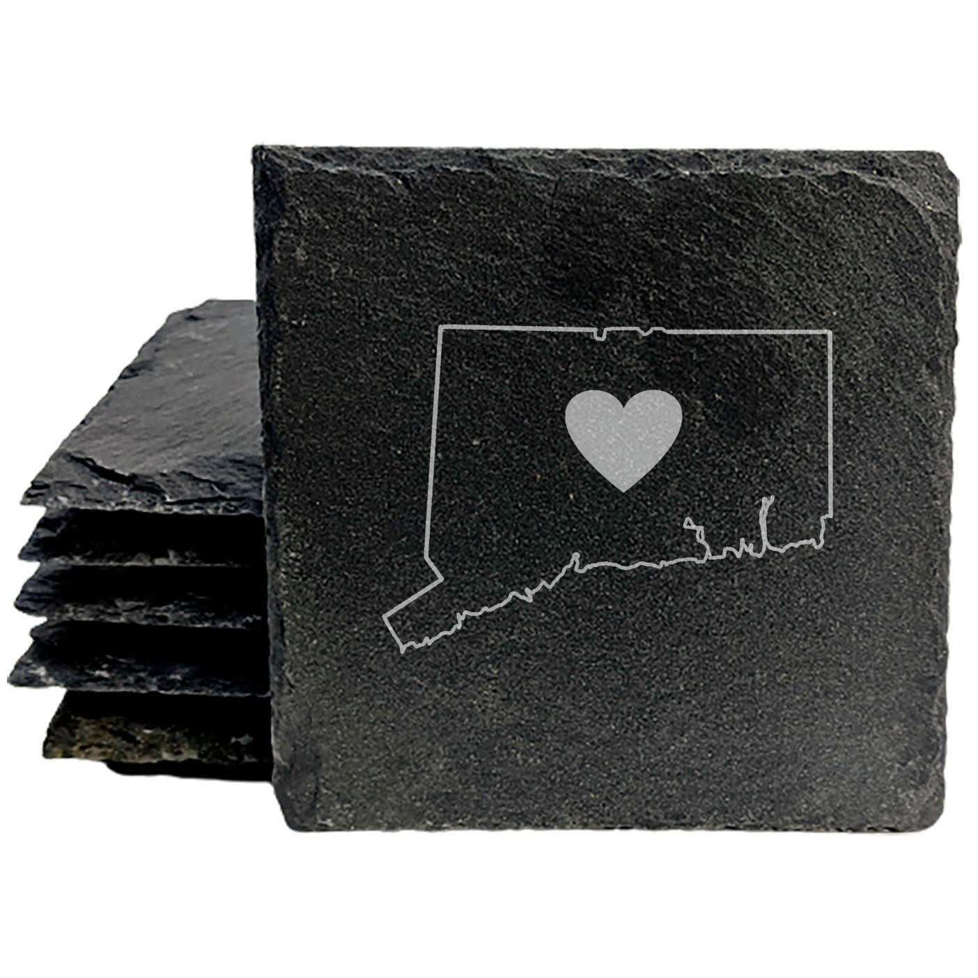 Rustic Slate Coasters Set of 4, Round 4" with Connecticut Heart Design, Laser Etched, Perfect for Holidays, Birthdays, Housewarming, She-Shed, Man Cave, Made in Oregon, USA,