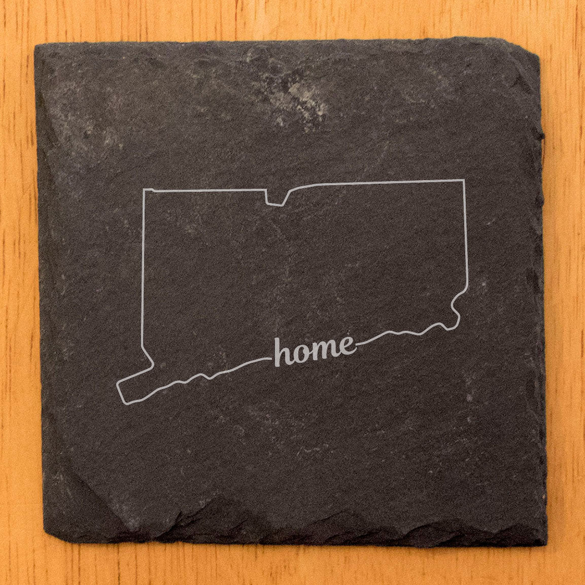 Rustic Slate Coasters Set of 4 - Round 4" with Connecticut 'Home' Design, Natural Chipped Edge, Rubber Feet, - Perfect for Holidays, Birthdays, Housewarming - Made in Oregon, USA