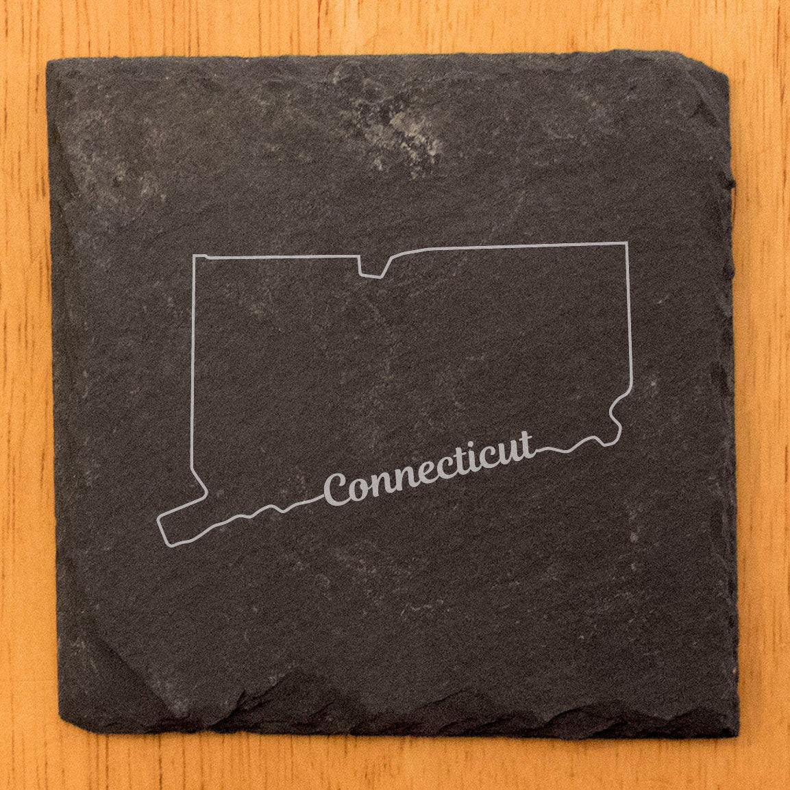Rustic Slate Coasters Set of 4, Round 4" with Connecticut State Outline Design, Perfect for Holidays, Birthdays, Housewarming Gifts, She-Shed or Man Cave, Made in Oregon, USA, Natural Chipped Edge