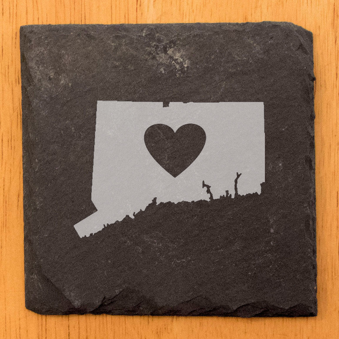 Rustic Slate Coasters Set of 4, Laser Etched Connecticut Design, Perfect for Holidays, Birthdays, Housewarming Gifts, 4" Round, Natural Chipped Edge, Made in Oregon, USA, Small Business Charm