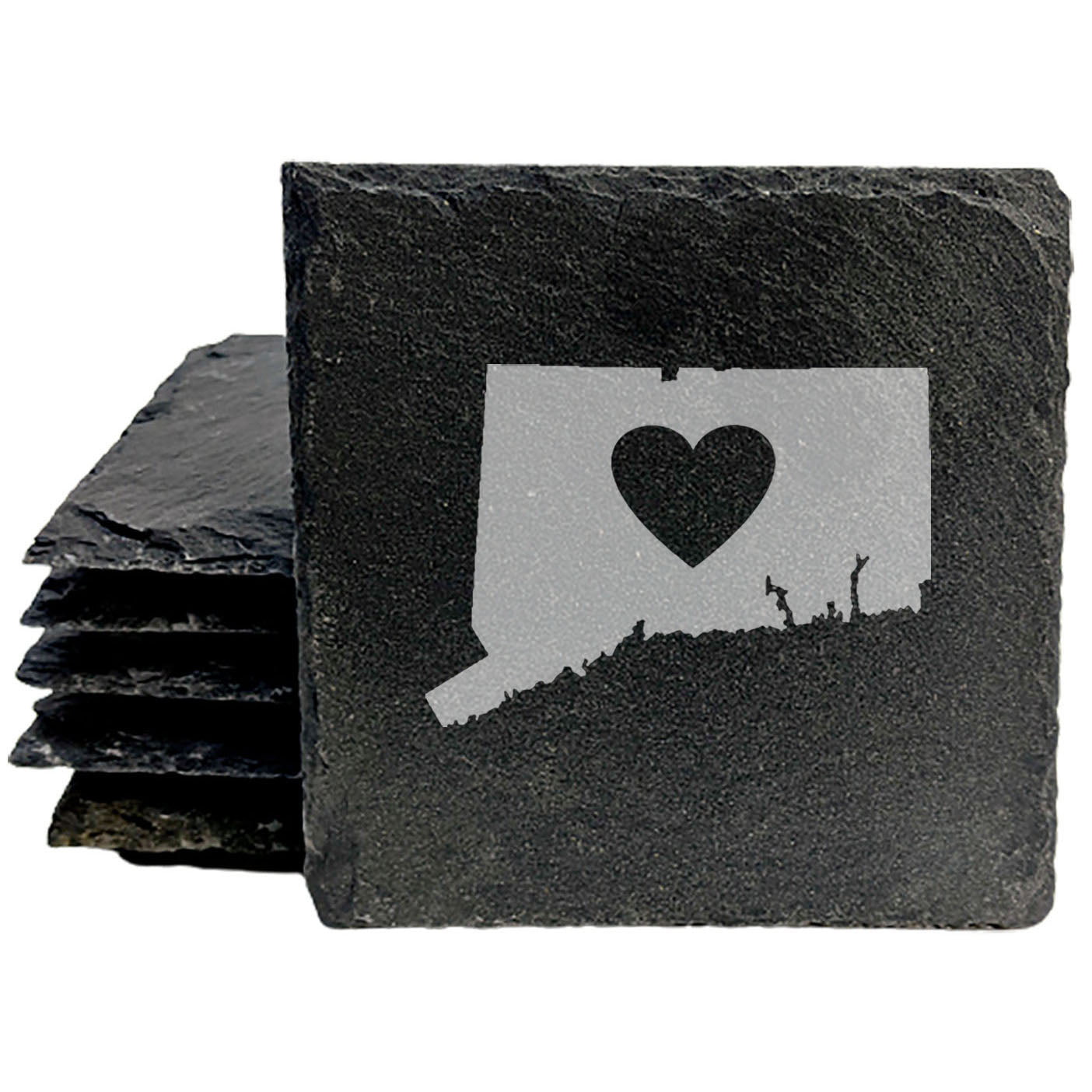 Rustic Slate Coasters Set of 4, Laser Etched Connecticut Design, Perfect for Holidays, Birthdays, Housewarming Gifts, 4" Round, Natural Chipped Edge, Made in Oregon, USA, Small Business Charm