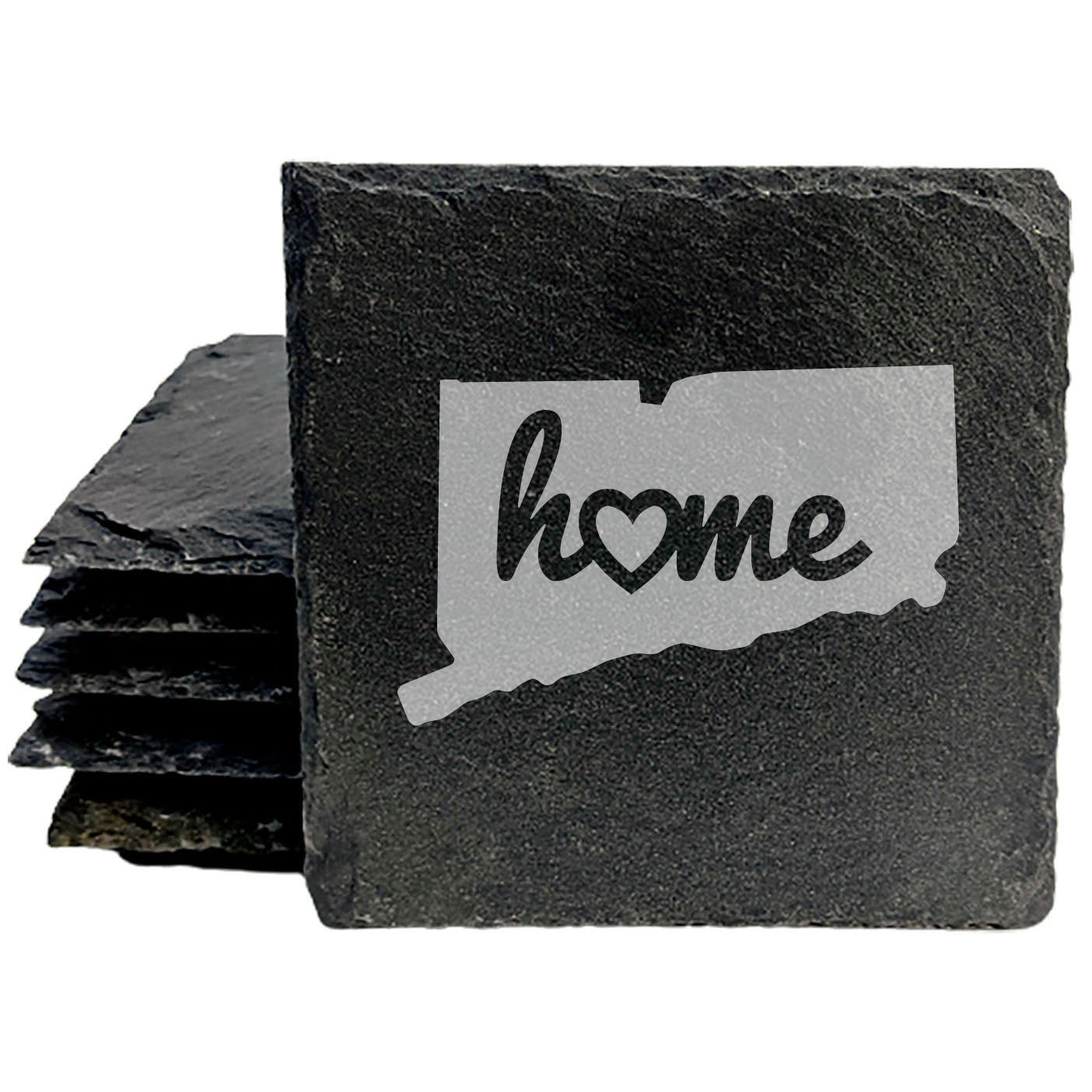 Rustic Slate Coasters Set of 4, Round 4" with Connecticut 'Home' Heart Design, Perfect for Holidays, Birthdays, Housewarming Gifts, She-Shed or Man Cave, Made in Oregon, USA, Natural Chipped Edge