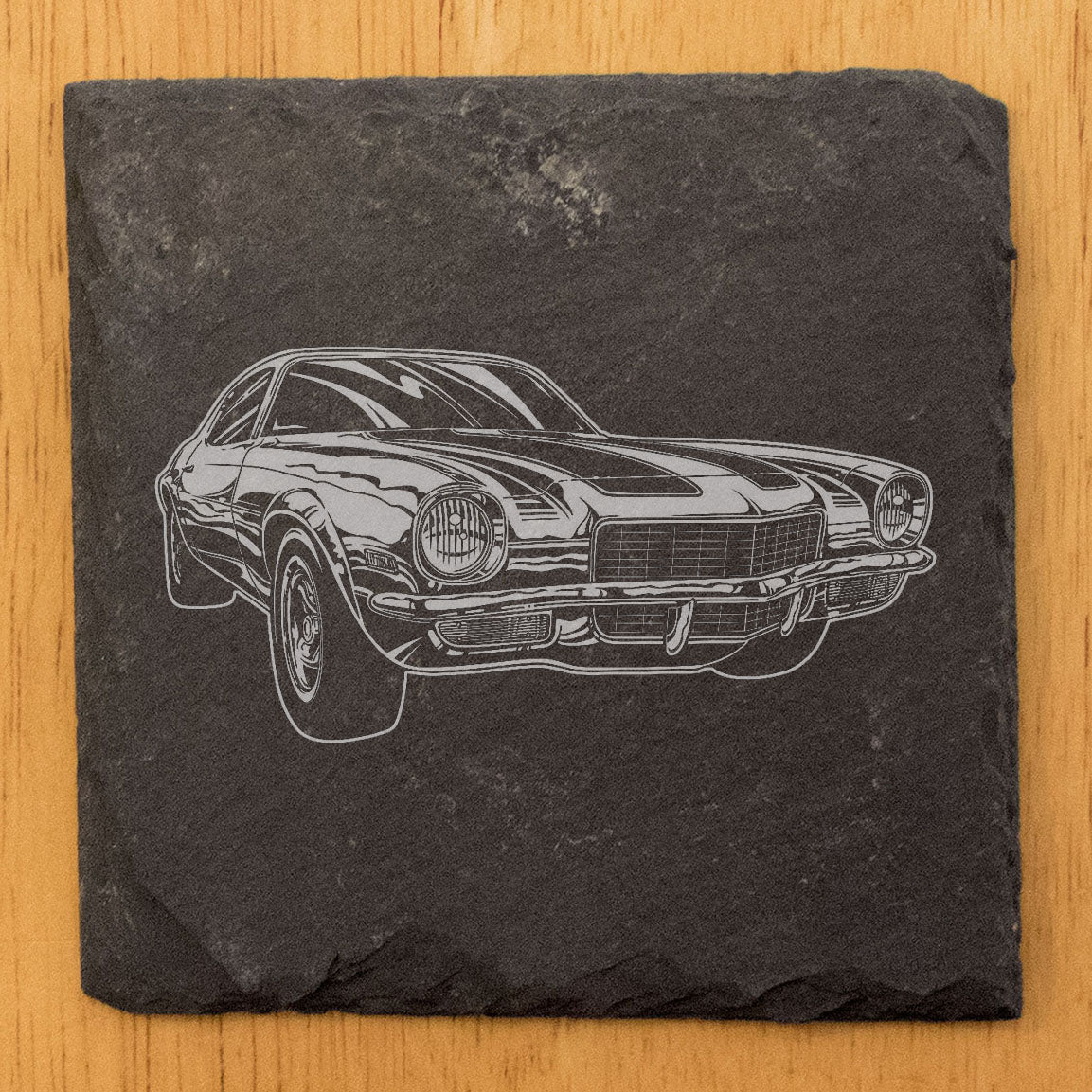 Rustic Slate Coasters Set | Laser-Etched 1970's Camaro Image | Vintage Car Drink Mats