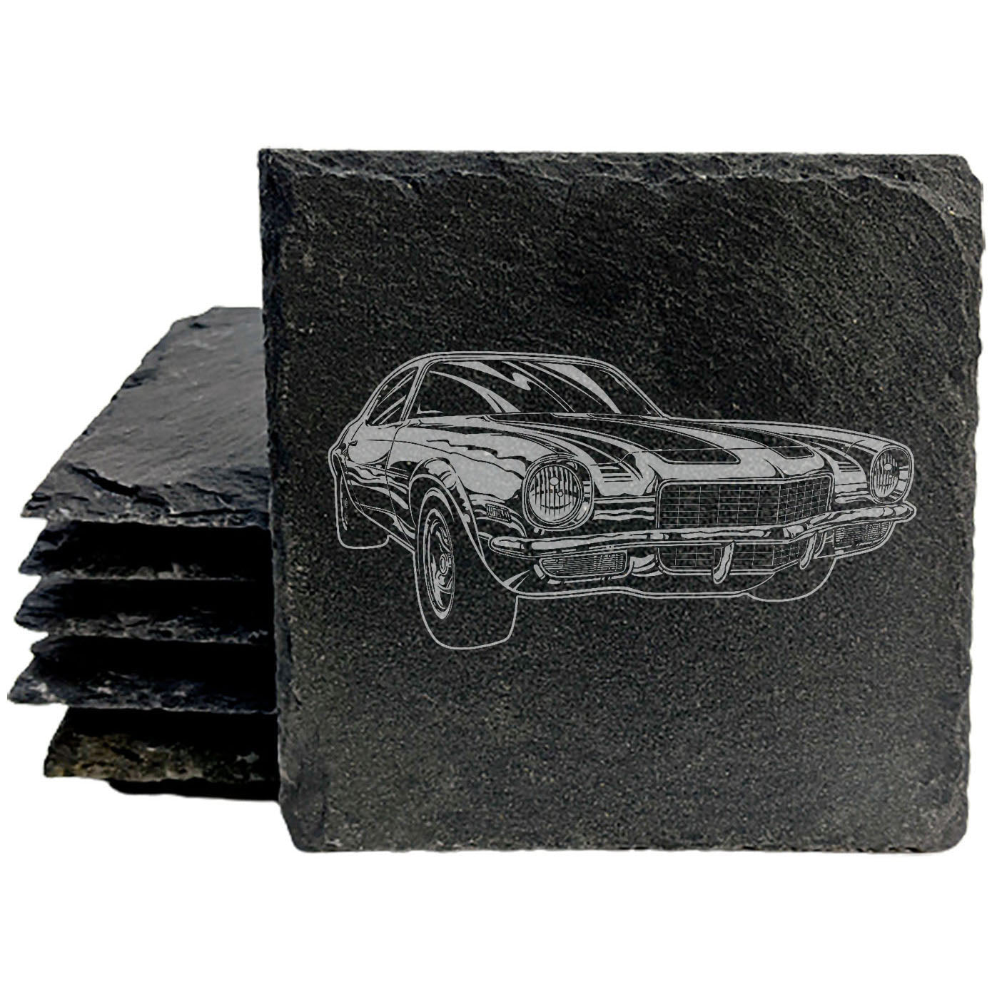 Rustic Slate Coasters Set | Laser-Etched 1970's Camaro Image | Vintage Car Drink Mats