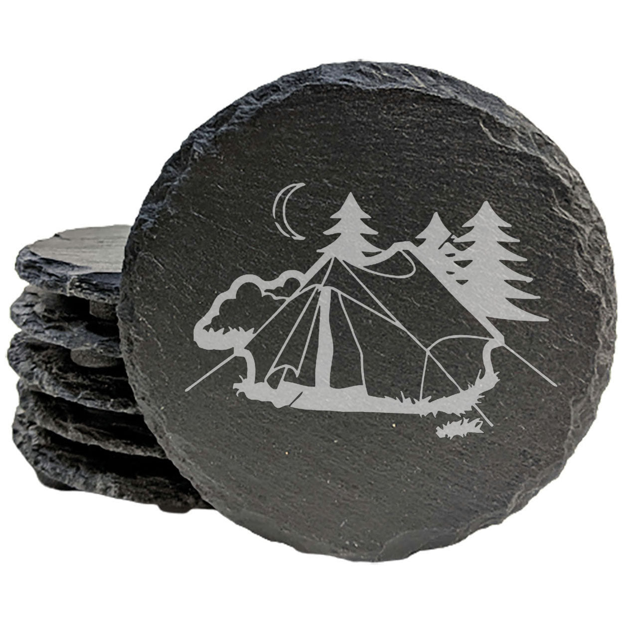 Under the Stars: Rustic Slate Coasters with Laser-Etched Camping Scene