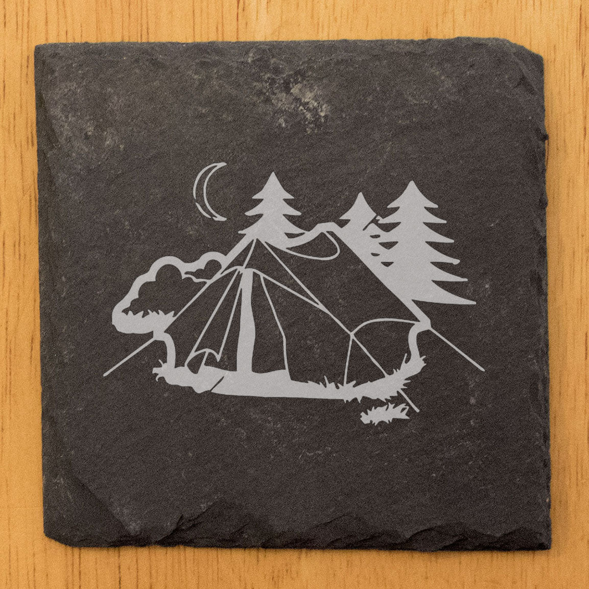 Under the Stars: Rustic Slate Coasters with Laser-Etched Camping Scene