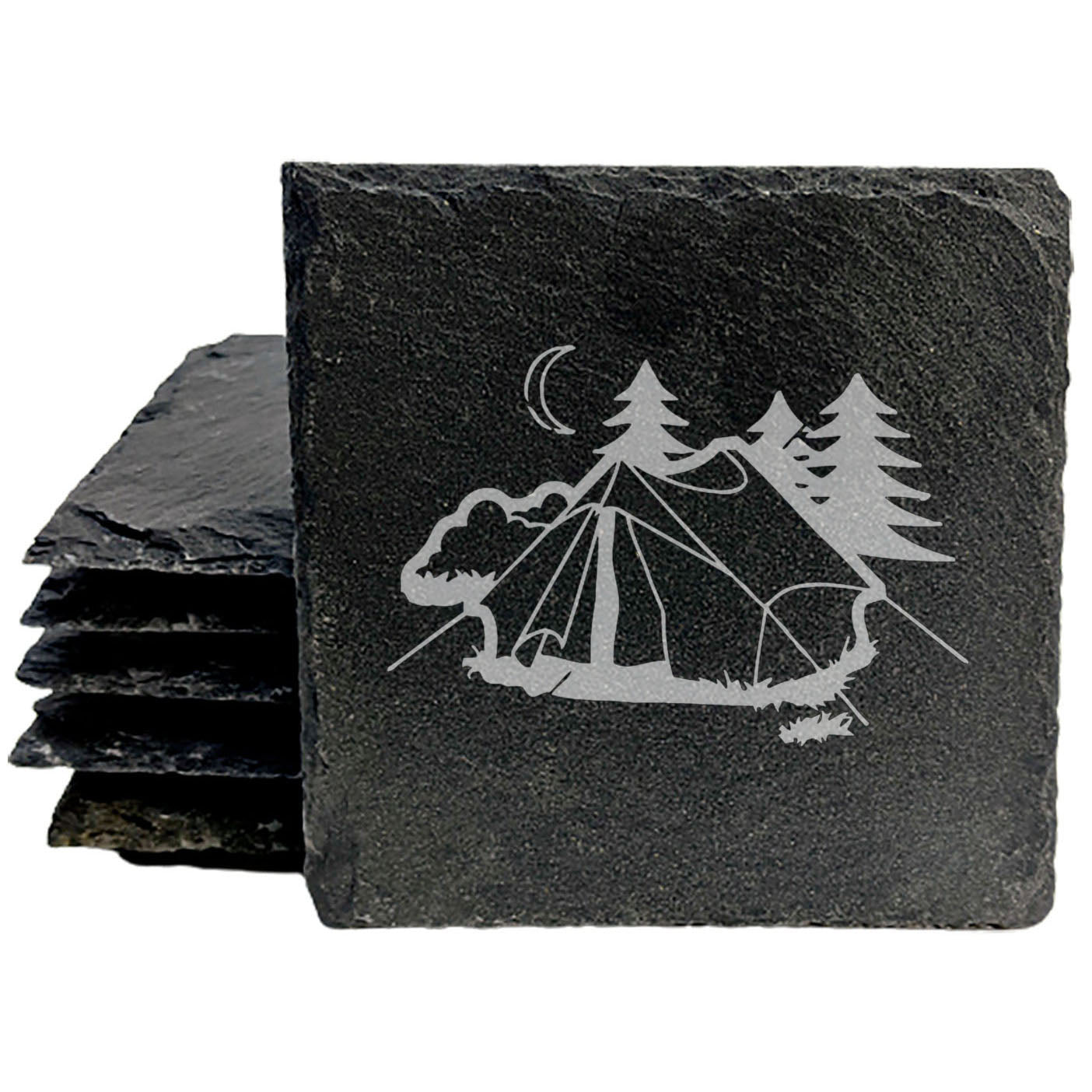 Under the Stars: Rustic Slate Coasters with Laser-Etched Camping Scene