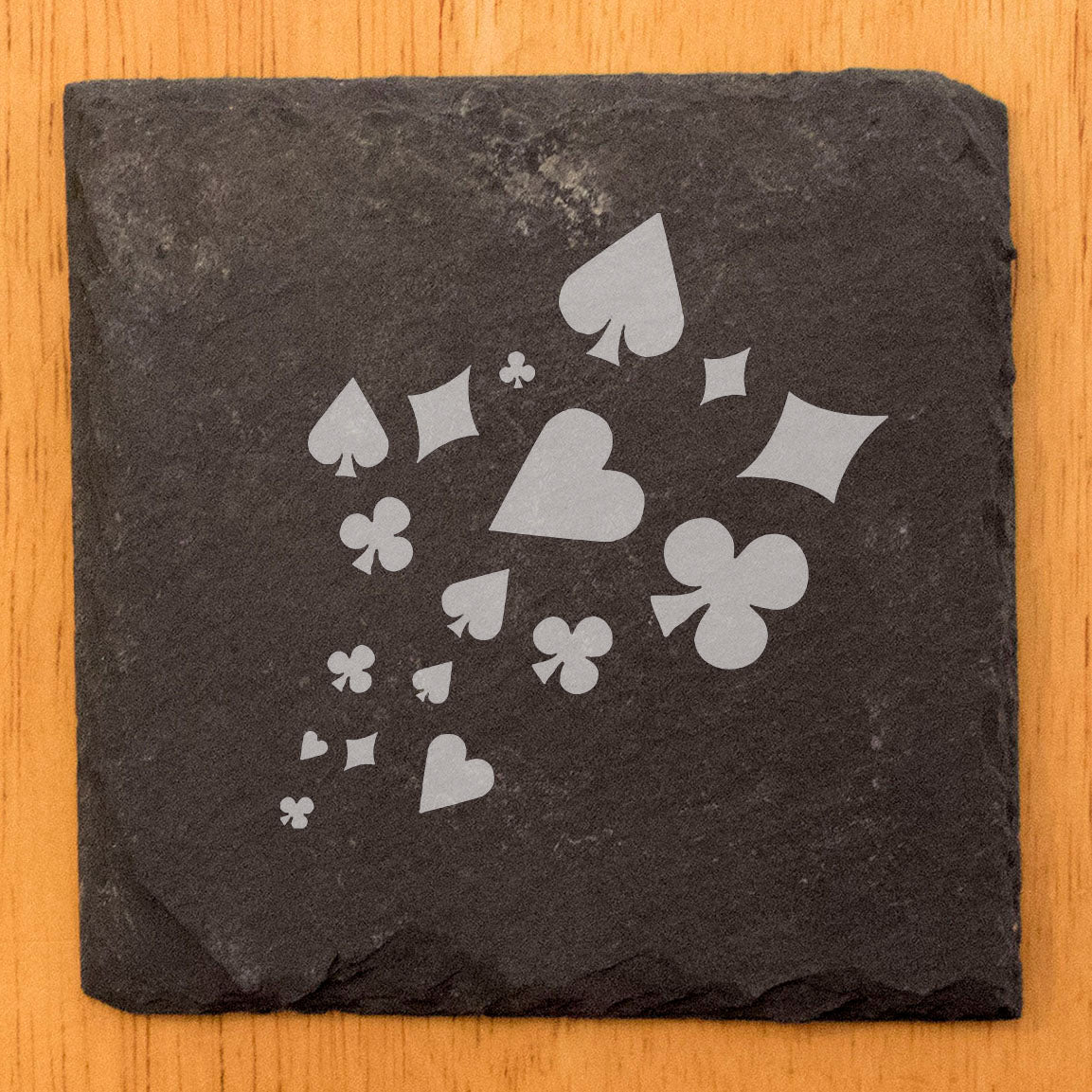 Crafted for Card Sharks: Natural Gray Slate Coasters with Intricate Card Suit Etching