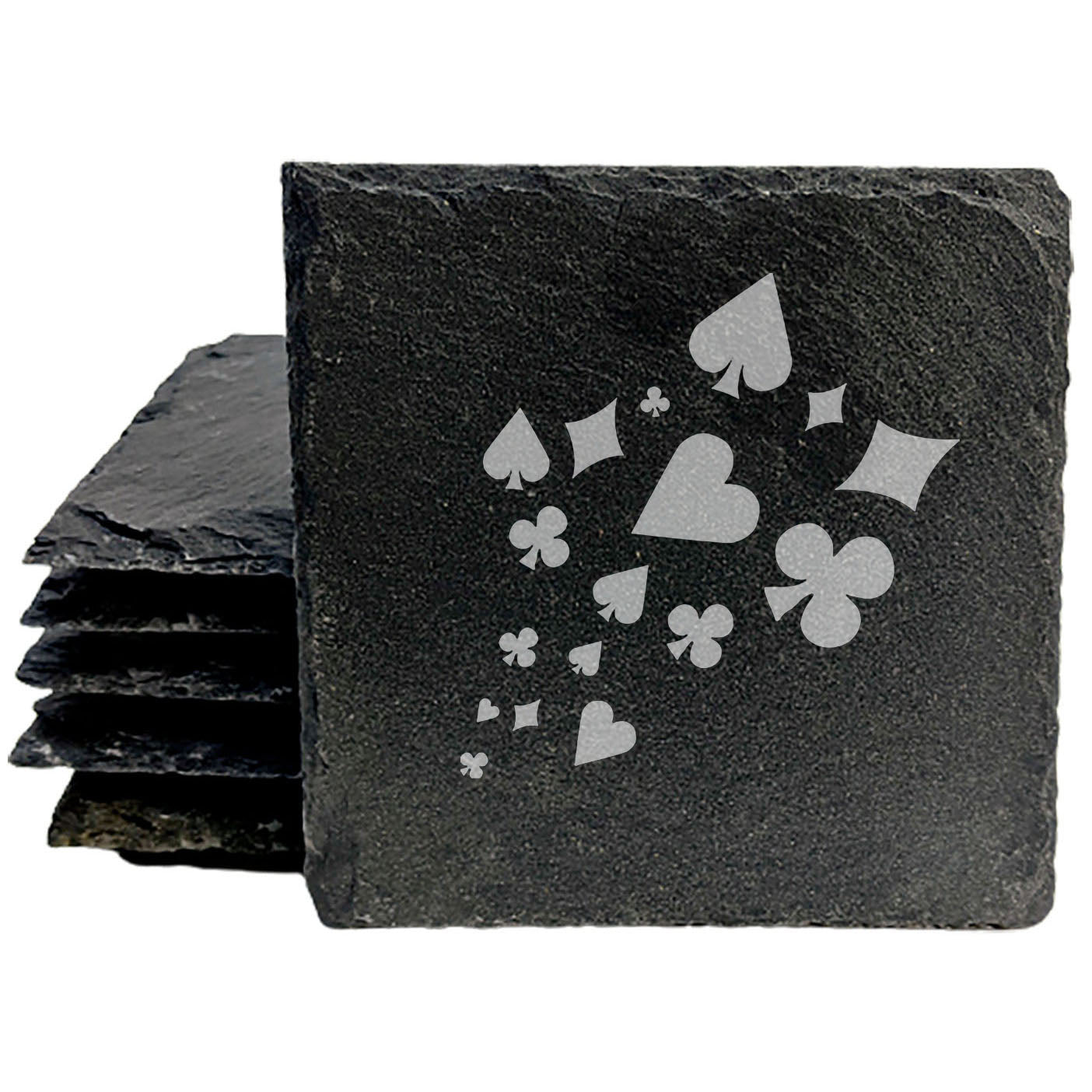 Crafted for Card Sharks: Natural Gray Slate Coasters with Intricate Card Suit Etching