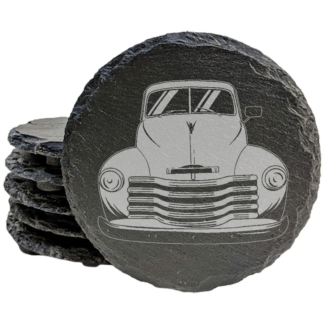 Rustic Slate Coasters with Laser-Etched 1952 Chevy 3100 Pickup Image - Round Set of 4 | Vintage Car Enthusiast Home Decor