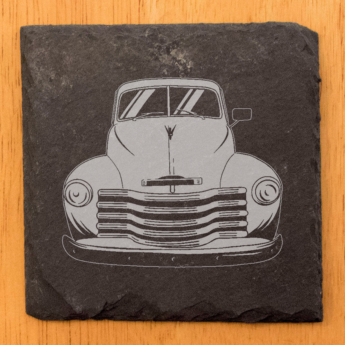 Rustic Slate Coasters with Laser-Etched 1952 Chevy 3100 Pickup Image - Round Set of 4 | Vintage Car Enthusiast Home Decor