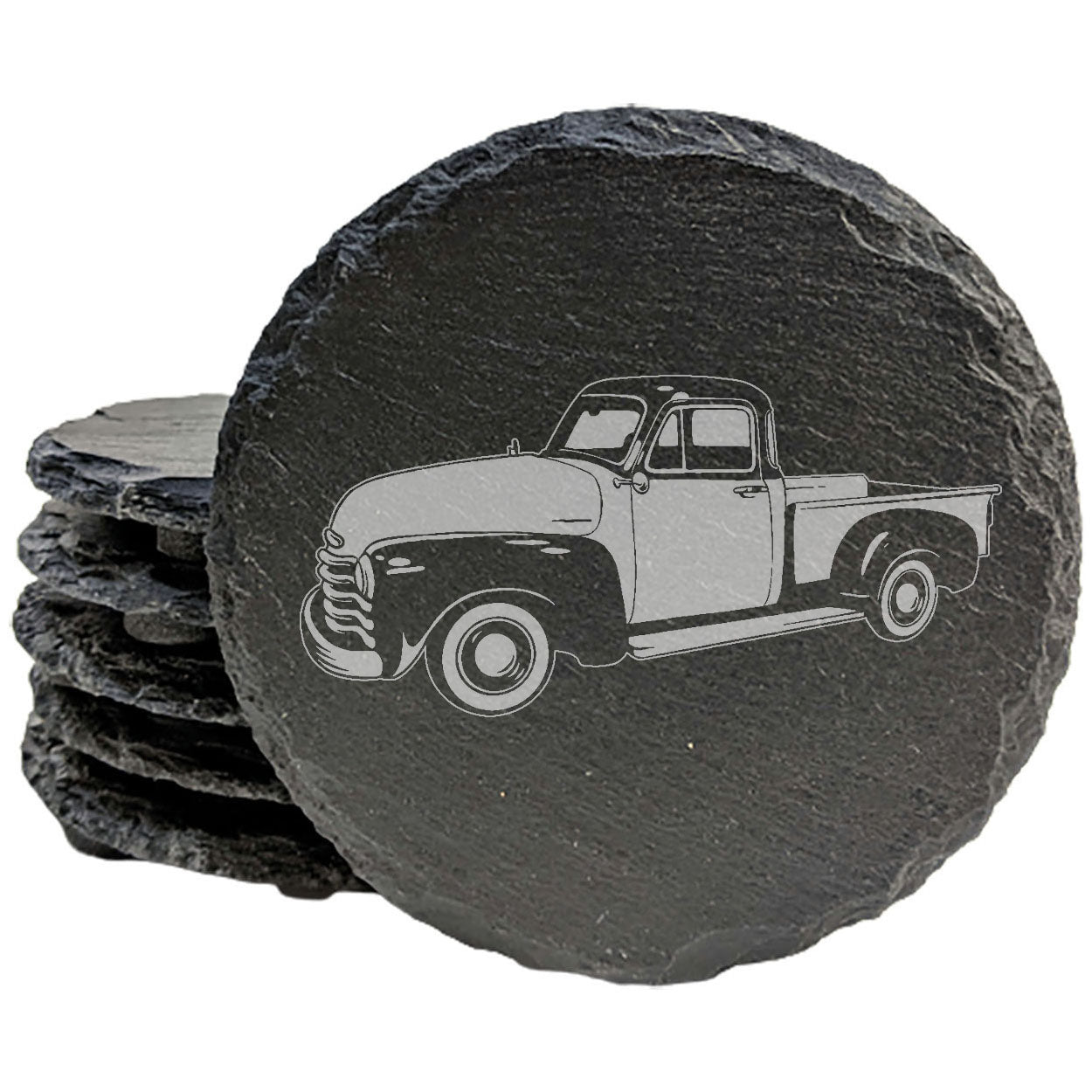 Rustic Slate Coasters Set with 1952 Chevy 3100 Pickup Laser-Etched Image | Protect Surfaces, Chipped Edges, Rubber Feet | Home Decor & Drink Coasters