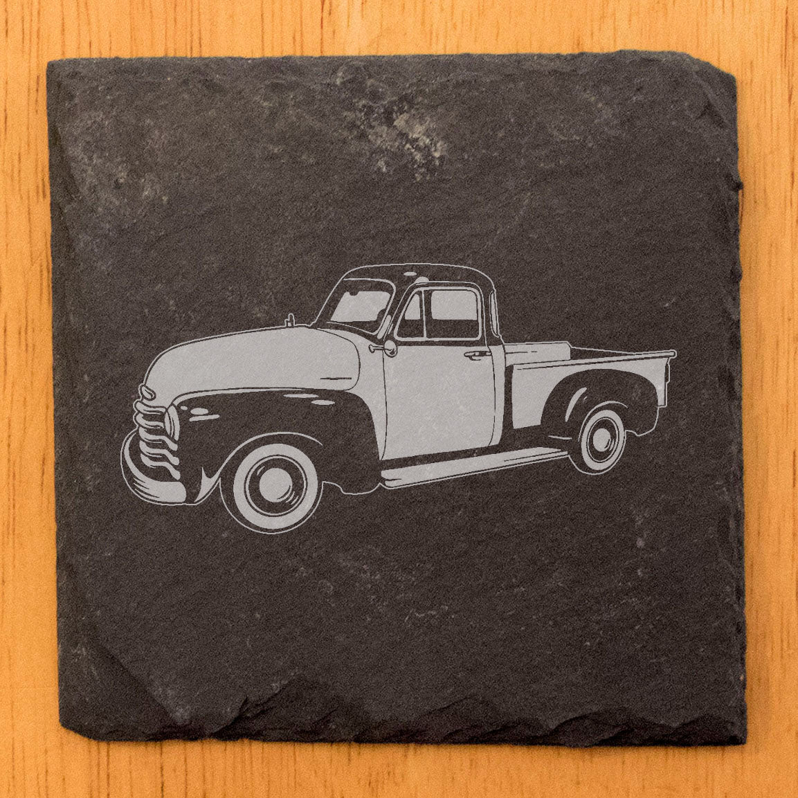 Rustic Slate Coasters Set with 1952 Chevy 3100 Pickup Laser-Etched Image | Protect Surfaces, Chipped Edges, Rubber Feet | Home Decor & Drink Coasters