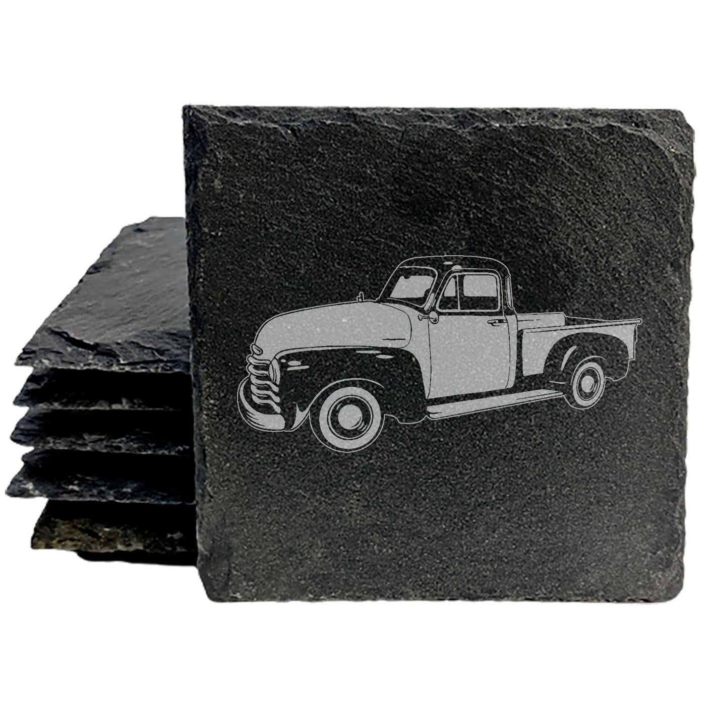 Rustic Slate Coasters Set with 1952 Chevy 3100 Pickup Laser-Etched Image | Protect Surfaces, Chipped Edges, Rubber Feet | Home Decor & Drink Coasters