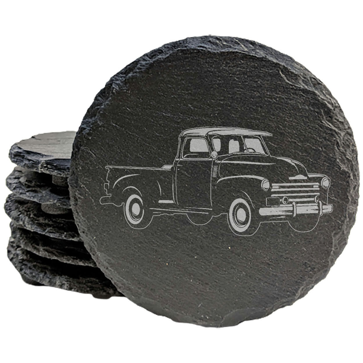 Rustic Slate Coasters Set with Laser-Etched 1952 Chevy 3100 Pickup Image | Protect Surfaces, Chipped Edges, Rubber Feet | Vintage Car Enthusiast Gift & Home Decor