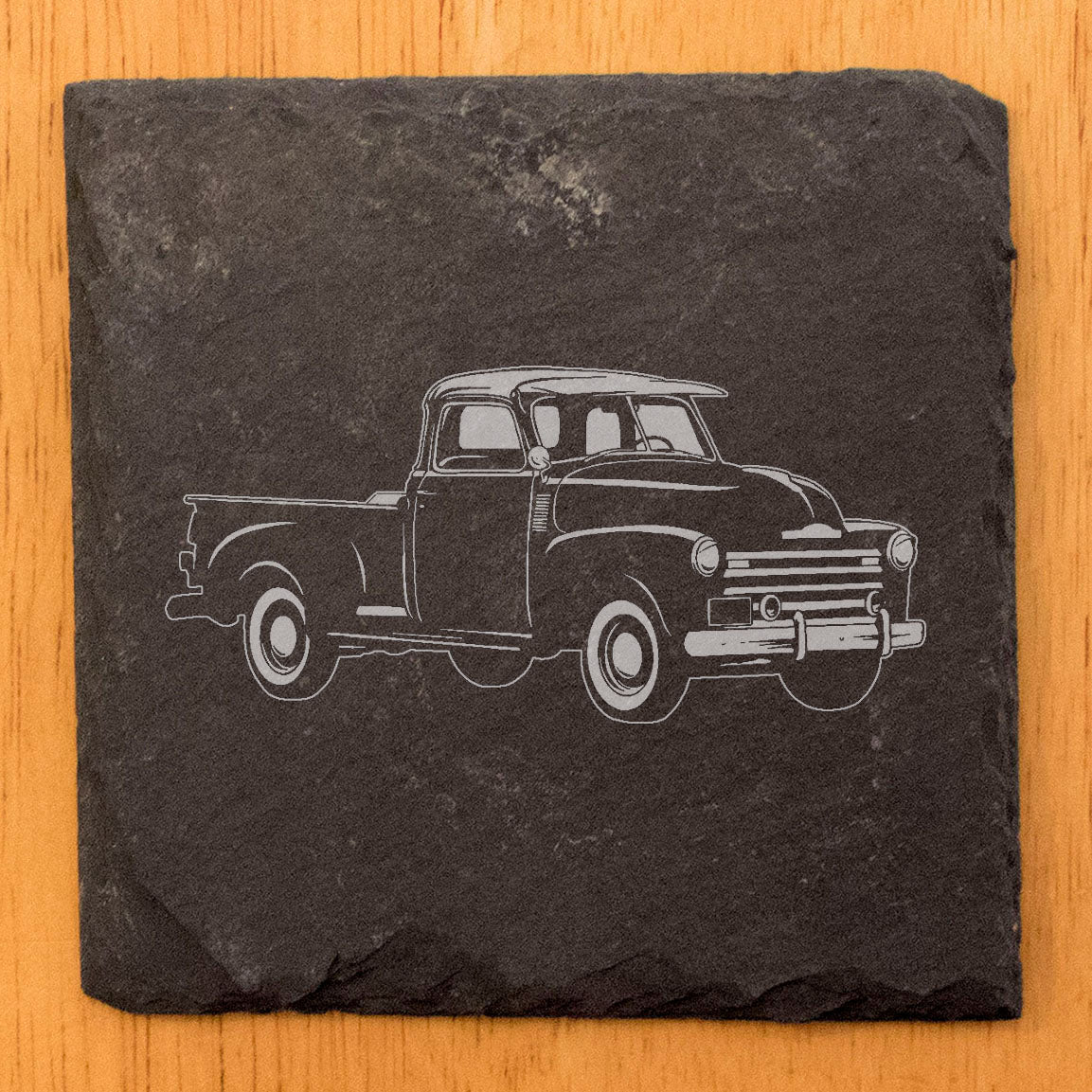 Rustic Slate Coasters Set with Laser-Etched 1952 Chevy 3100 Pickup Image | Protect Surfaces, Chipped Edges, Rubber Feet | Vintage Car Enthusiast Gift & Home Decor