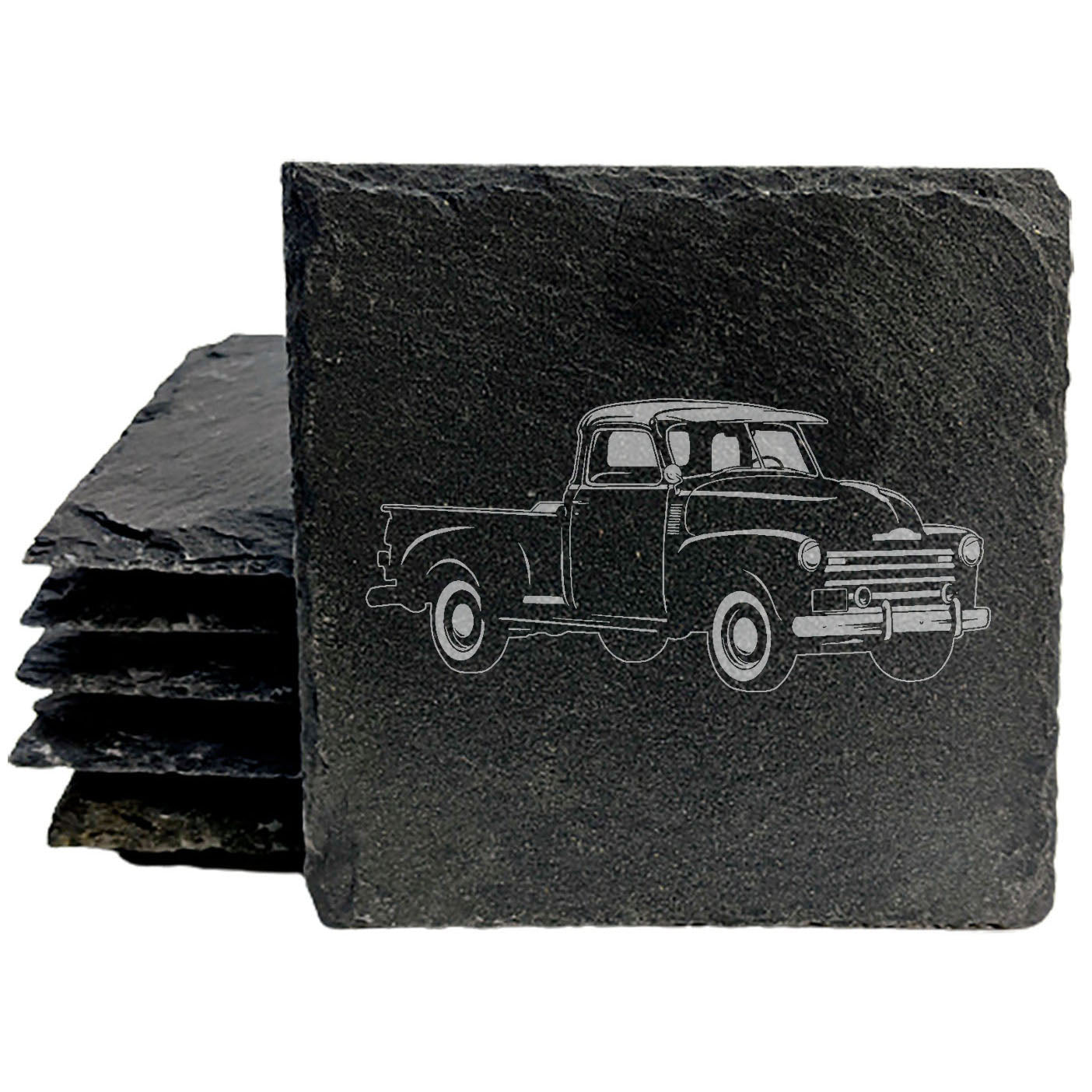 Rustic Slate Coasters Set with Laser-Etched 1952 Chevy 3100 Pickup Image | Protect Surfaces, Chipped Edges, Rubber Feet | Vintage Car Enthusiast Gift & Home Decor