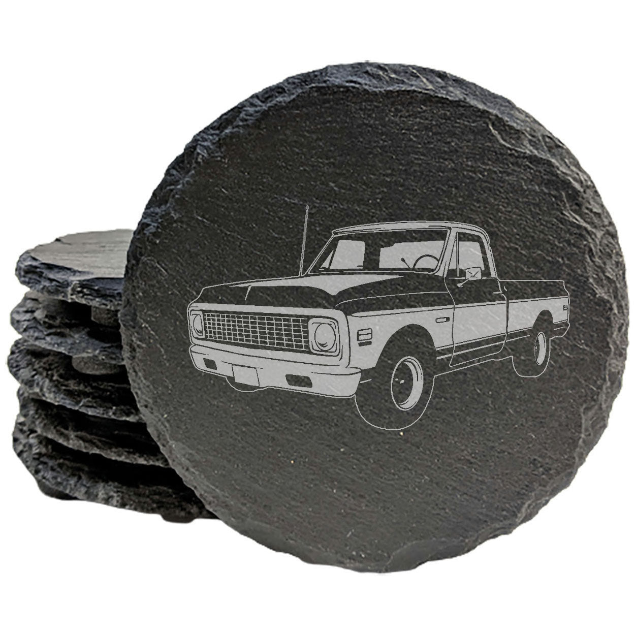 Rustic Slate Coasters Set with Laser-Etched 1971 Chevy C10 Pickup Image | Home Decor Drink Coasters for Car Enthusiasts