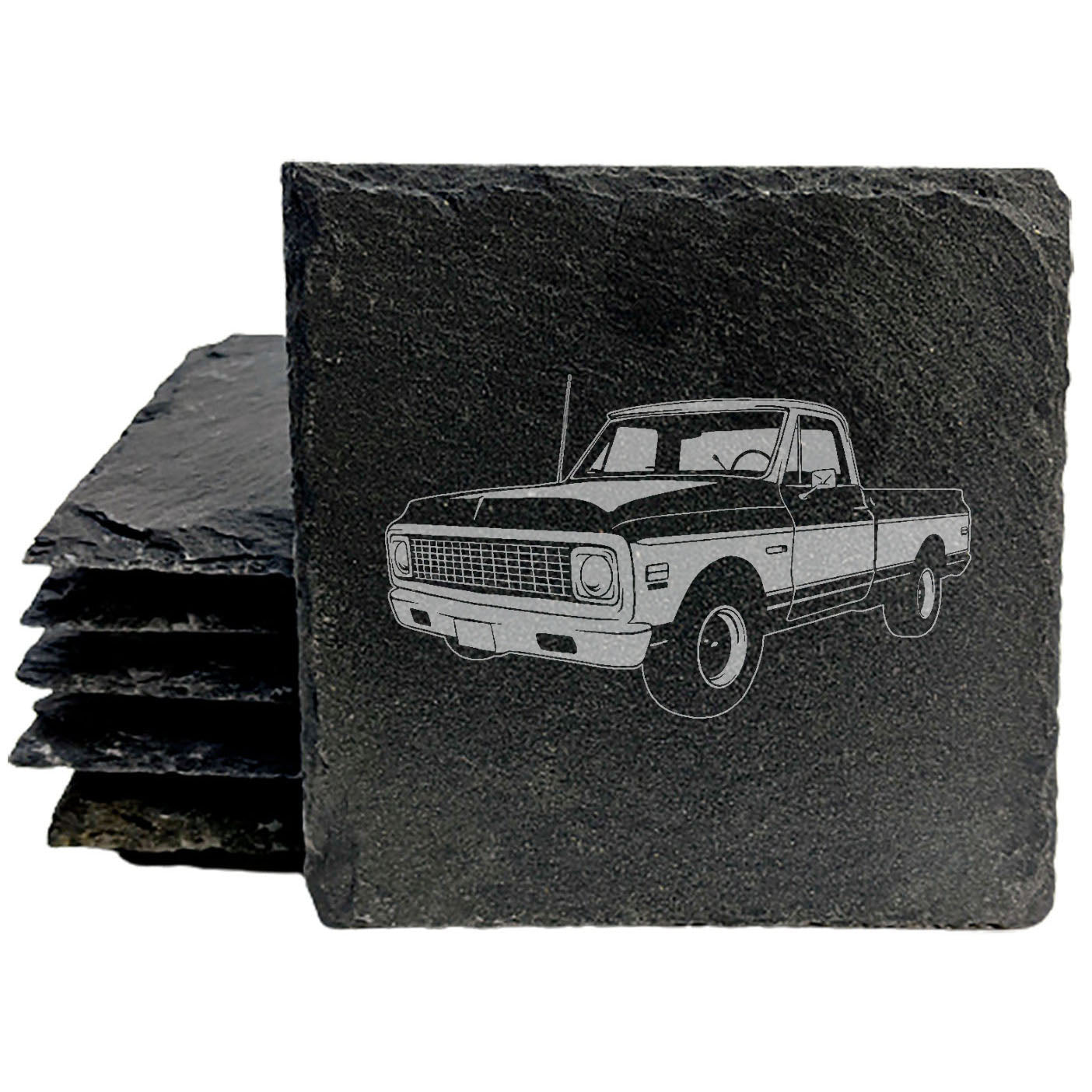 Rustic Slate Coasters Set with Laser-Etched 1971 Chevy C10 Pickup Image | Home Decor Drink Coasters for Car Enthusiasts