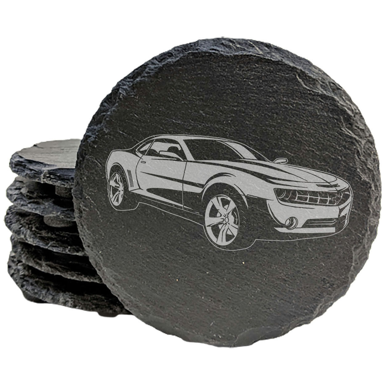 Chevy Camaro DC Rustic Slate Coasters Set | Chipped Edges, Rubber Feet | Laser Etched Car Image | Protects Surfaces | Home Decor Drink Mats | Round Slate - set of 4