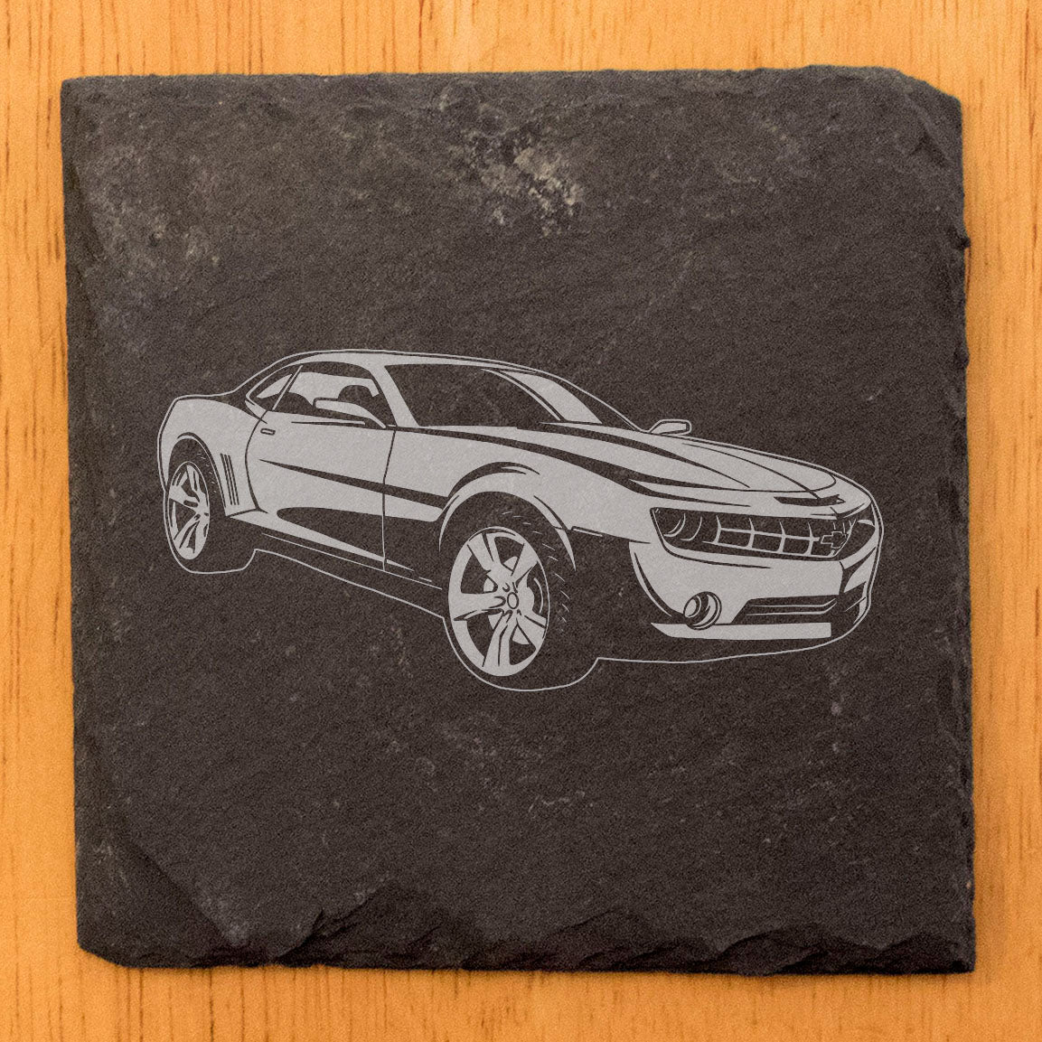 Chevy Camaro DC Rustic Slate Coasters Set | Chipped Edges, Rubber Feet | Laser Etched Car Image | Protects Surfaces | Home Decor Drink Mats | Round Slate - set of 4