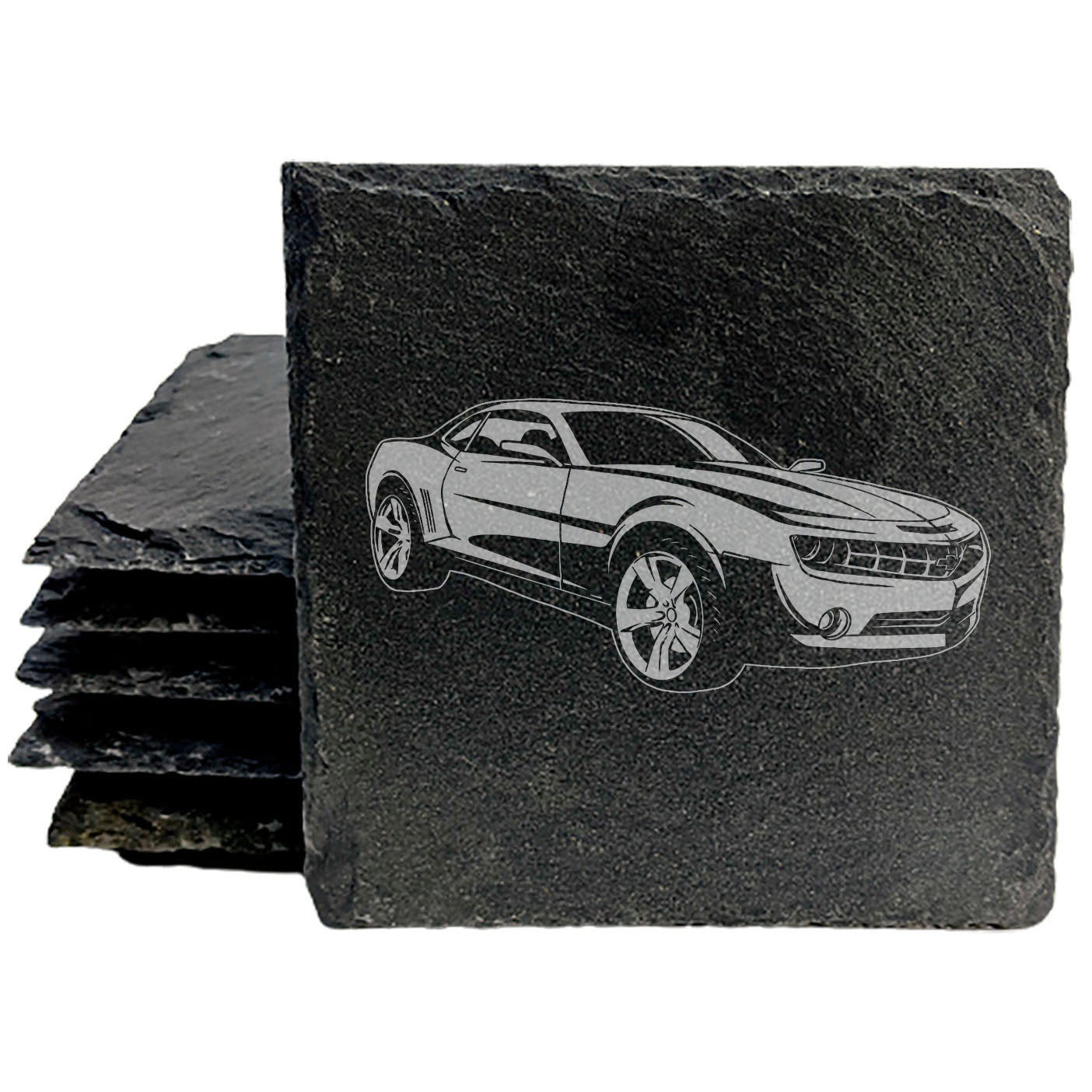 Chevy Camaro DC Rustic Slate Coasters Set | Chipped Edges, Rubber Feet | Laser Etched Car Image | Protects Surfaces | Home Decor Drink Mats | Round Slate - set of 4