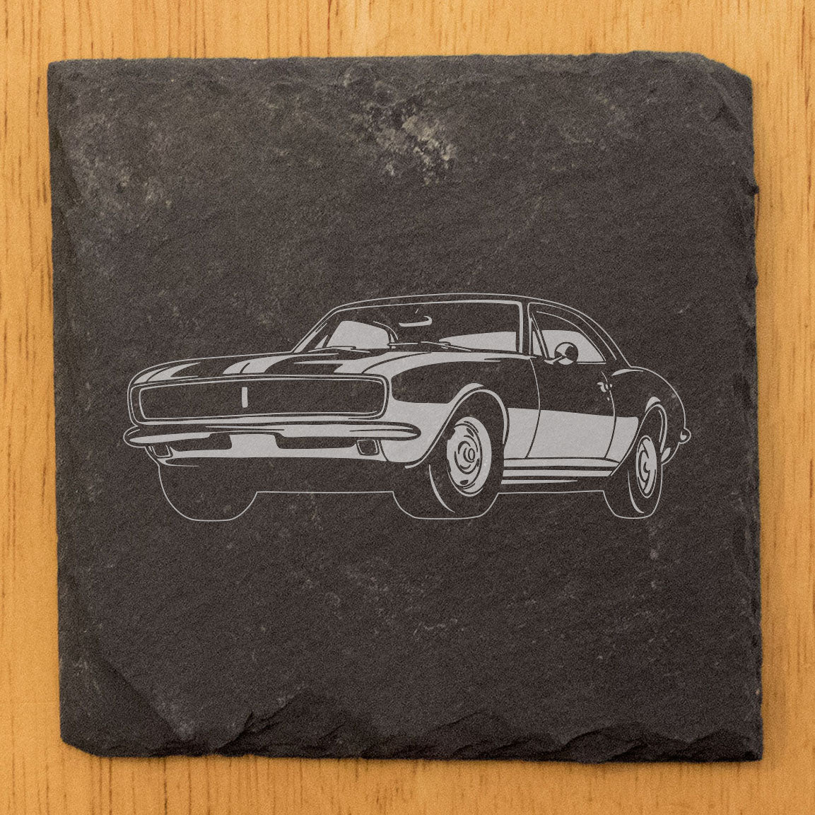 Rustic Gray Slate Coasters Set of 4 with 1967 Chevy Camaro Z28 Design, Perfect for Holidays, Birthdays, Housewarming, She-Shed or Man Cave, Made in Oregon, USA, 4" Round or Square, Gift Boxed