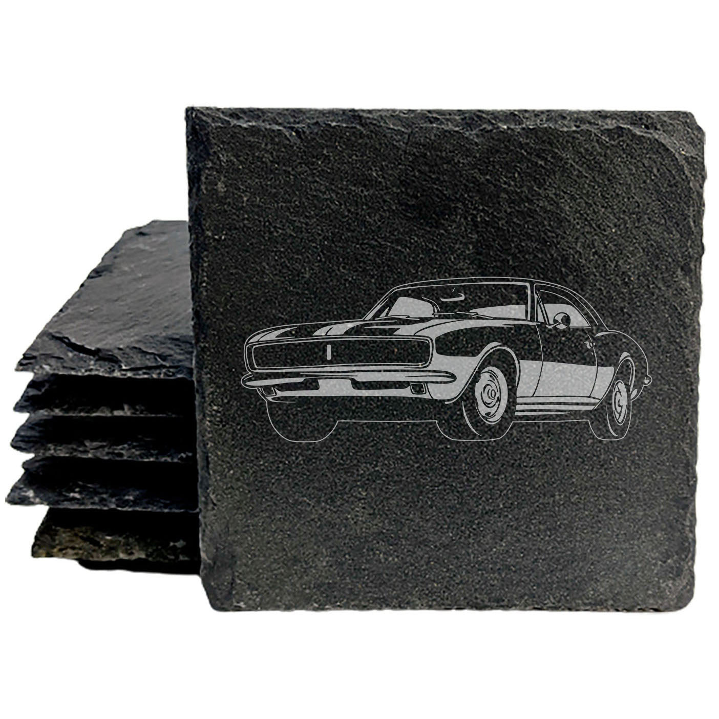 Rustic Gray Slate Coasters Set of 4 with 1967 Chevy Camaro Z28 Design, Perfect for Holidays, Birthdays, Housewarming, She-Shed or Man Cave, Made in Oregon, USA, 4" Round or Square, Gift Boxed