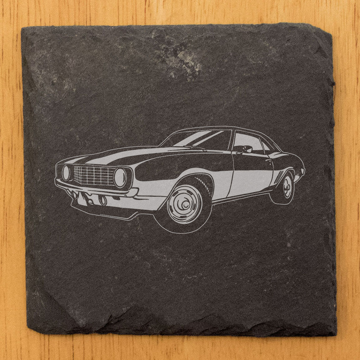 Rustic Gray Slate Coasters Set of 4 with 1969 Chevy Camaro Z38 Design, Perfect for Gifts, Holidays, Birthdays, Housewarming, She-Shed, Man Cave, Made in Oregon, USA, 4" Round or Square
