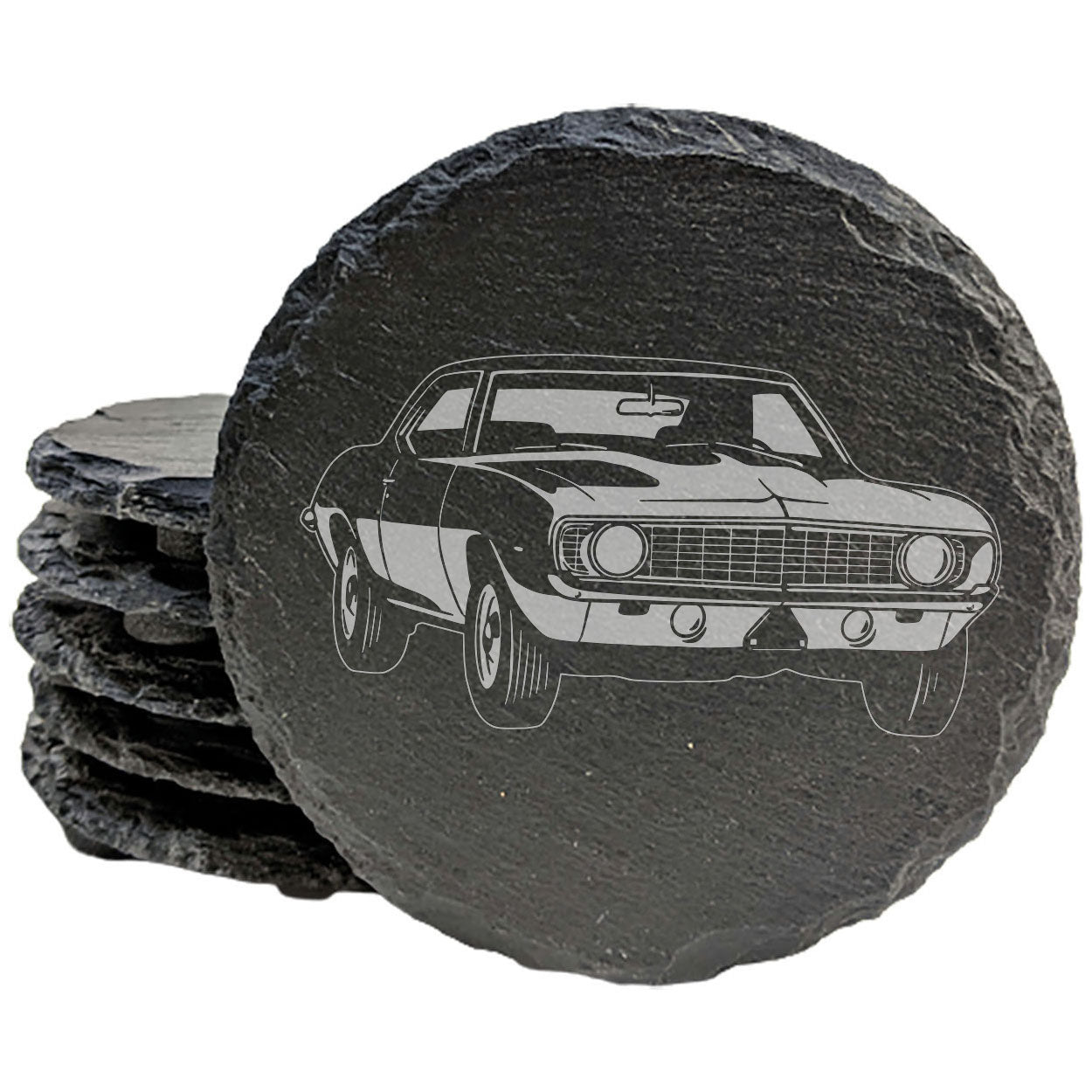 Rustic Gray Slate Coasters Set of 4 with 1969 Chevy Camaro Z38 Design, Perfect for Gifts, Holidays, Birthdays, Housewarming, She-Shed, Man Cave, Made in Oregon, USA, 4" Round or Square