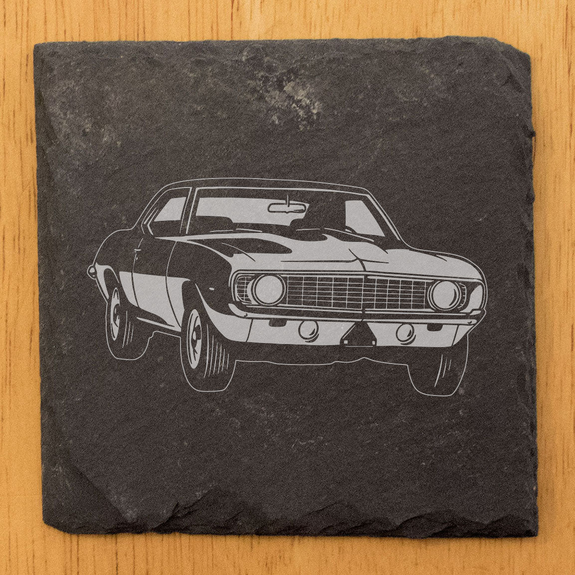 Rustic Gray Slate Coasters Set of 4 with 1969 Chevy Camaro Z38 Design, Perfect for Gifts, Holidays, Birthdays, Housewarming, She-Shed, Man Cave, Made in Oregon, USA, 4" Round or Square