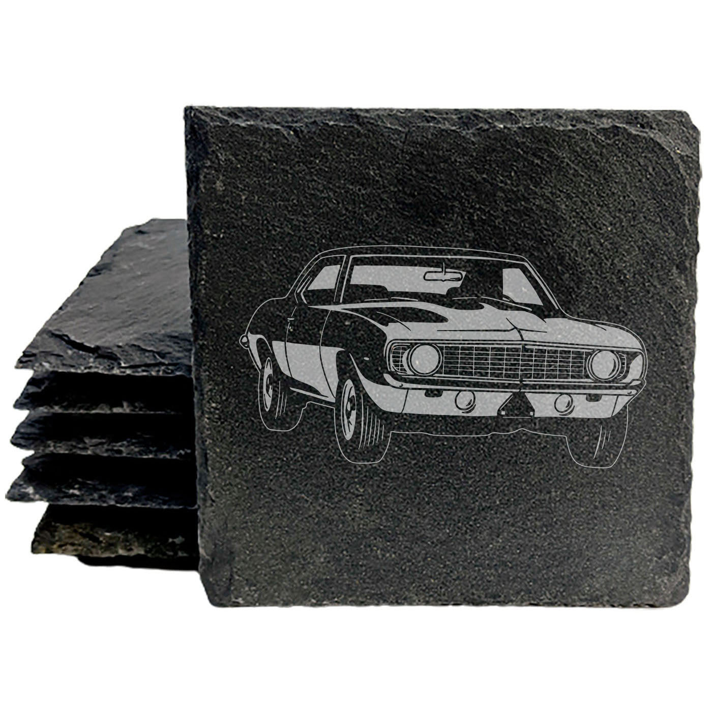 Rustic Gray Slate Coasters Set of 4 with 1969 Chevy Camaro Z38 Design, Perfect for Gifts, Holidays, Birthdays, Housewarming, She-Shed, Man Cave, Made in Oregon, USA, 4" Round or Square