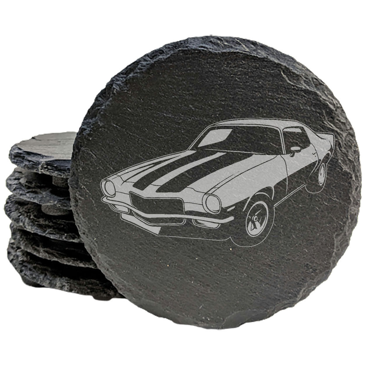Rustic Slate Coasters Set with Laser-Etched Chevy Camaro Z28 Image - Unique Car Enthusiast Drink Mats for Home Decor