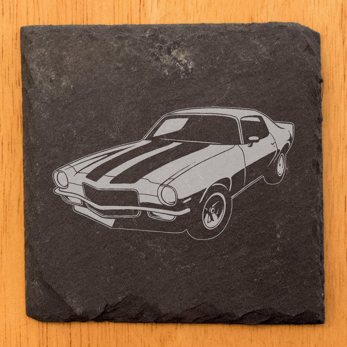 Rustic Slate Coasters Set with Laser-Etched Chevy Camaro Z28 Image - Unique Car Enthusiast Drink Mats for Home Decor