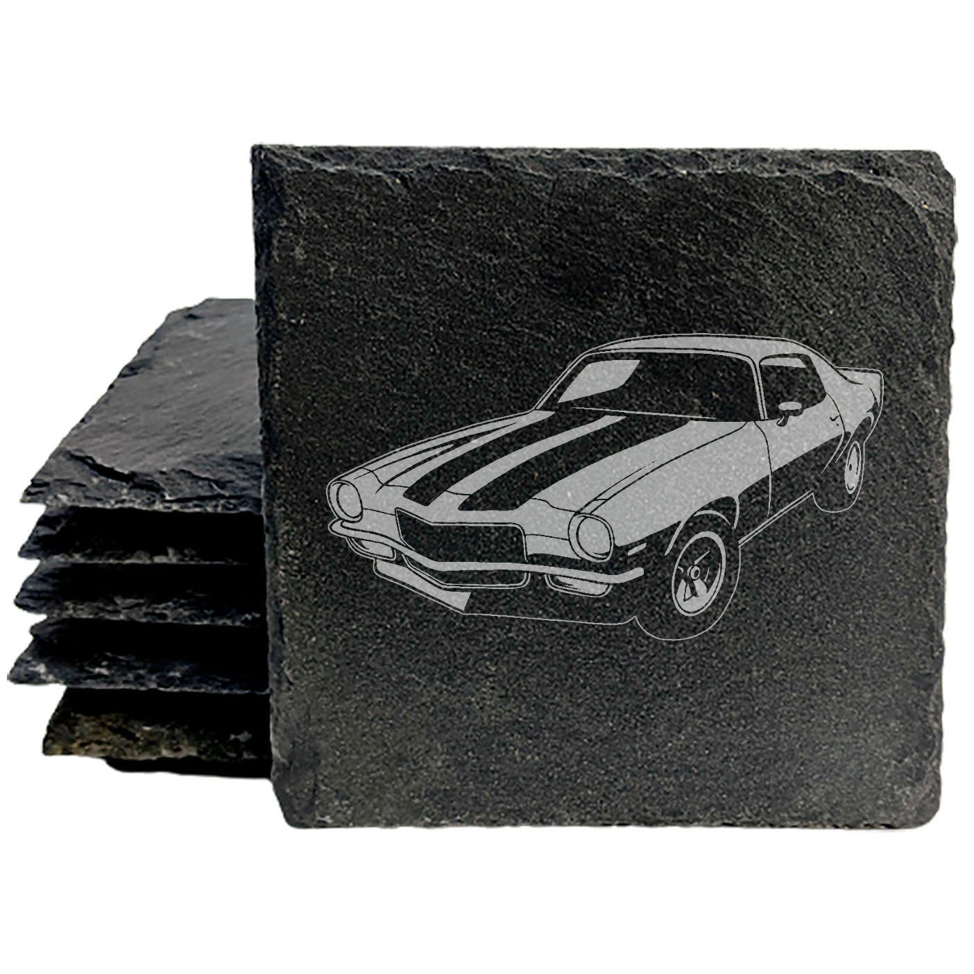 Rustic Slate Coasters Set with Laser-Etched Chevy Camaro Z28 Image - Unique Car Enthusiast Drink Mats for Home Decor