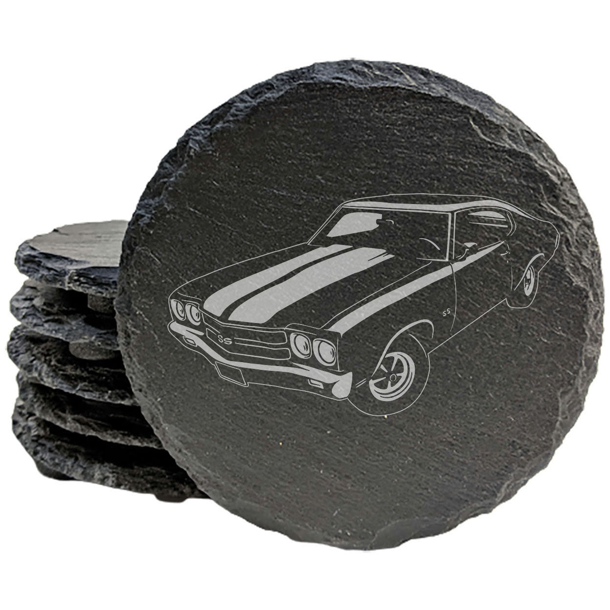 Rustic Gray Slate Coasters Set of 4 with 1970 Chevy Chevelle SS 454 Design, Perfect for She-Shed or Man Cave, Great Gift for Birthdays & Holidays, Made in Oregon, USA, 4" Round or Square