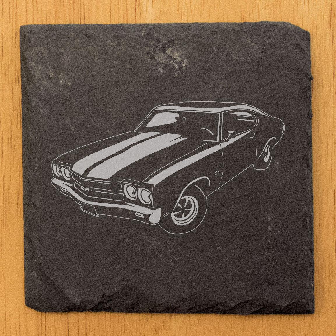 Rustic Gray Slate Coasters Set of 4 with 1970 Chevy Chevelle SS 454 Design, Perfect for She-Shed or Man Cave, Great Gift for Birthdays & Holidays, Made in Oregon, USA, 4" Round or Square