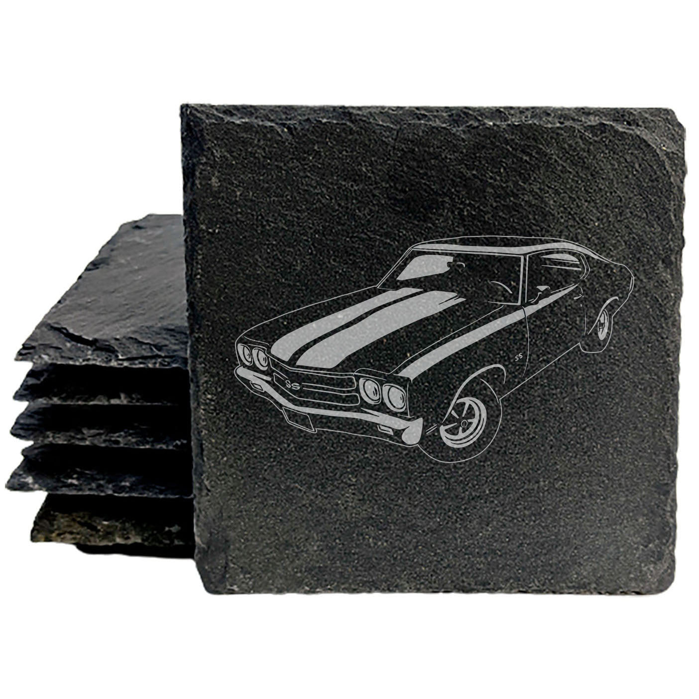 Rustic Gray Slate Coasters Set of 4 with 1970 Chevy Chevelle SS 454 Design, Perfect for She-Shed or Man Cave, Great Gift for Birthdays & Holidays, Made in Oregon, USA, 4" Round or Square
