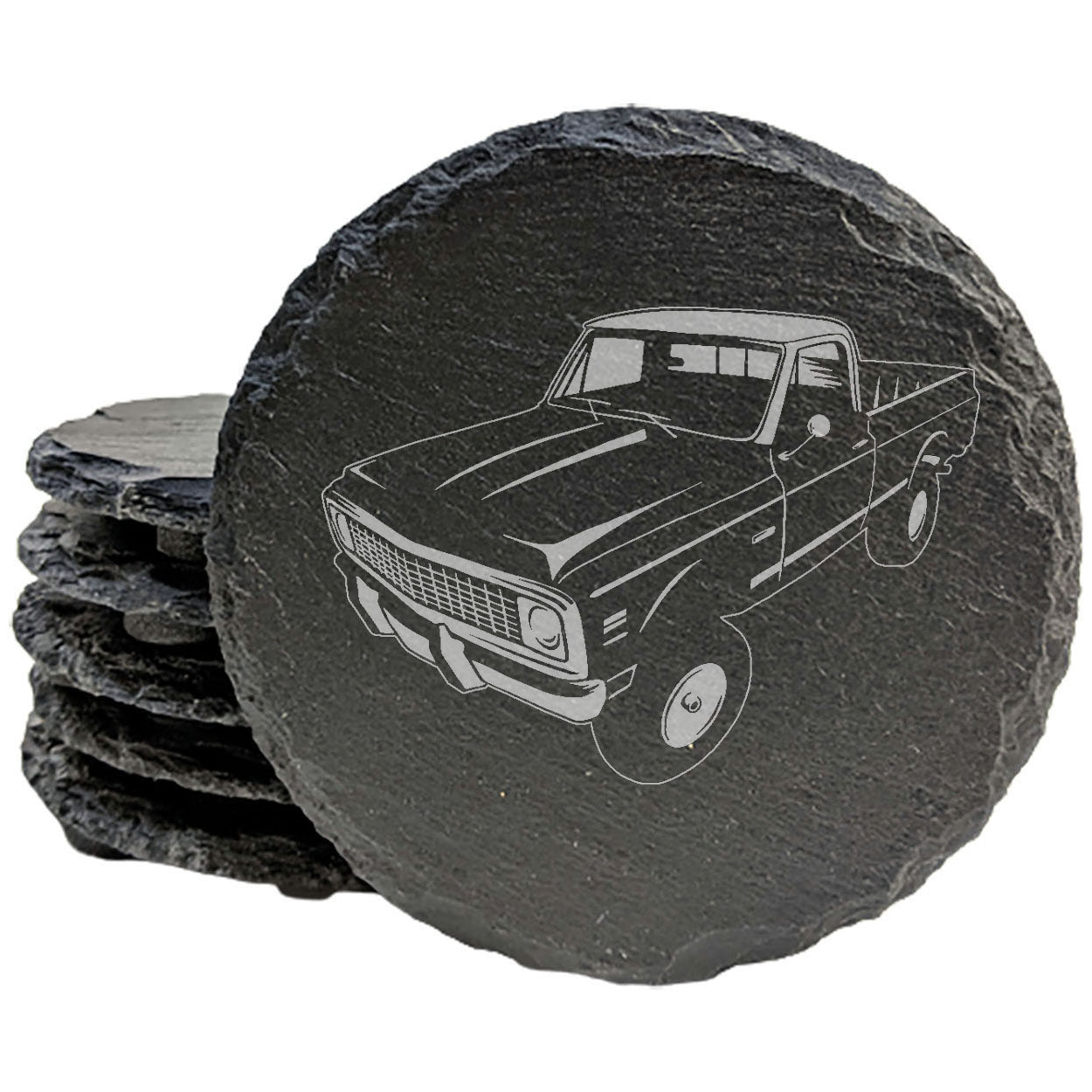 Rustic Slate Coasters Set with Laser-Etched 1970 Chevy K10 Pickup Image | Chipped Edges, Rubber Feet | Vintage Car Enthusiast Gift & Home Decor