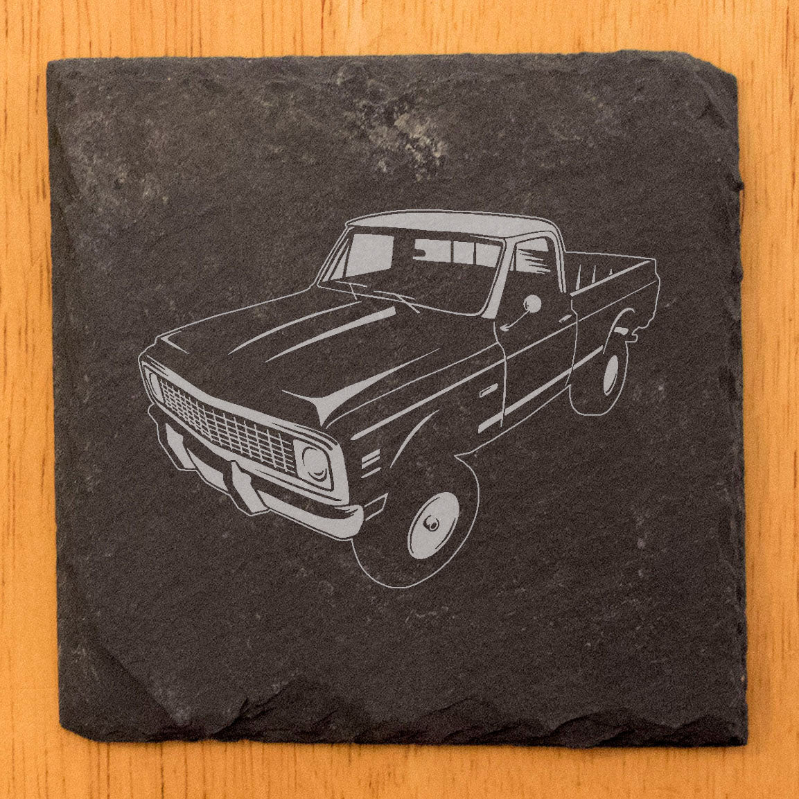 Rustic Slate Coasters Set with Laser-Etched 1970 Chevy K10 Pickup Image | Chipped Edges, Rubber Feet | Vintage Car Enthusiast Gift & Home Decor