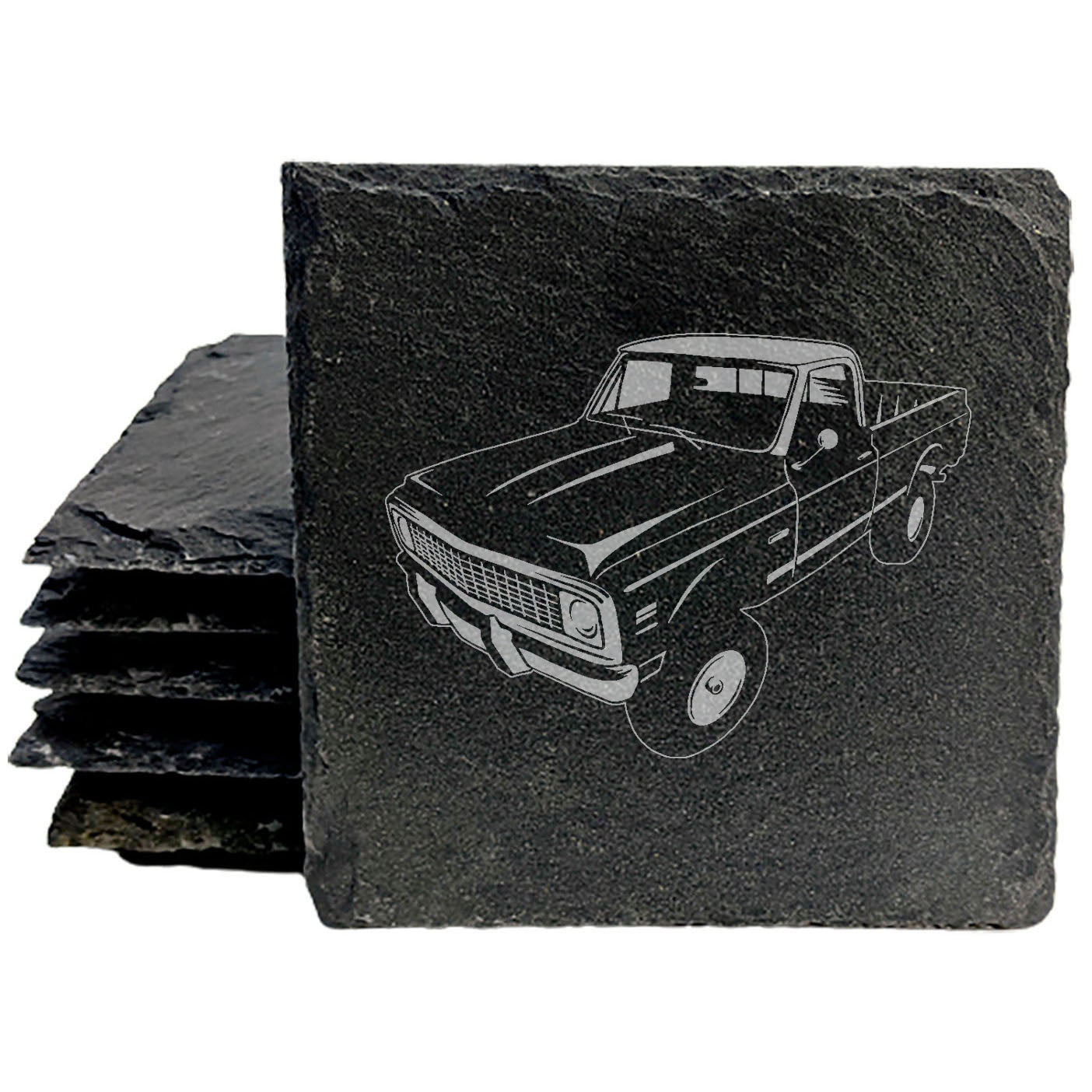Rustic Slate Coasters Set with Laser-Etched 1970 Chevy K10 Pickup Image | Chipped Edges, Rubber Feet | Vintage Car Enthusiast Gift & Home Decor